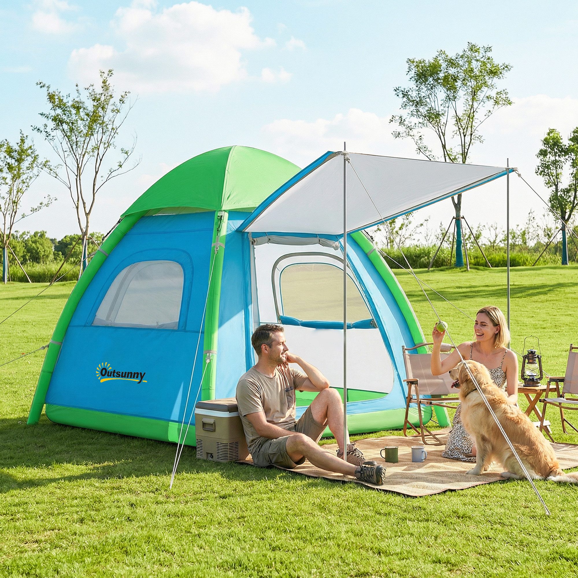 Outsunny mit Luftpumpe, Meshfenster, abnehmbar Dach, Stehhöhe, Personen: 3 (Camping Zelt, 1 tlg., Air Glamping Zelte), Hellblau