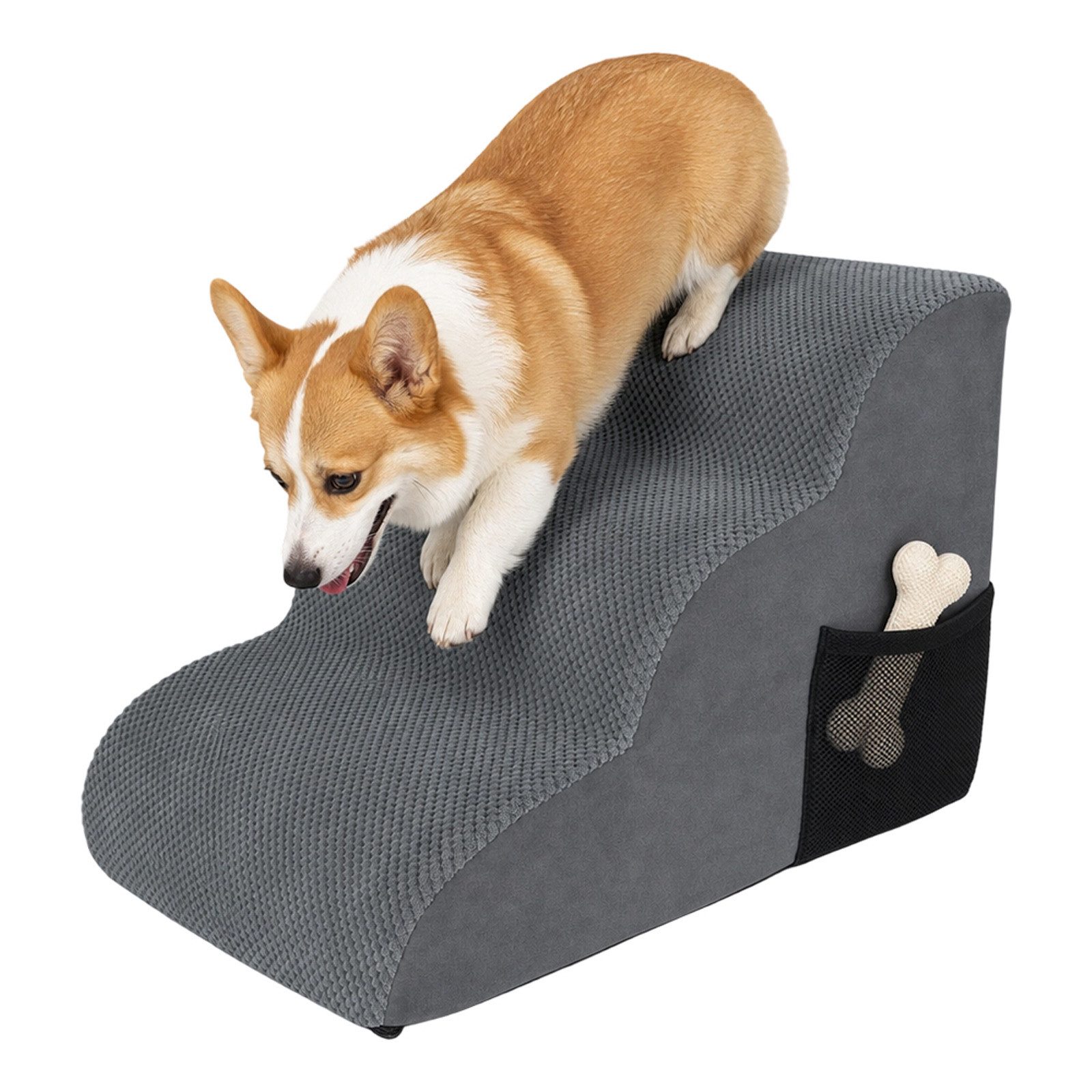 AKKEE Hunderampe 3 Stufen 40cm Hoch - rutschfeste Haustiertreppe mit Waschbarem Bezug, Hochdichtem Schwamm für Kleine Mittlere Hunde