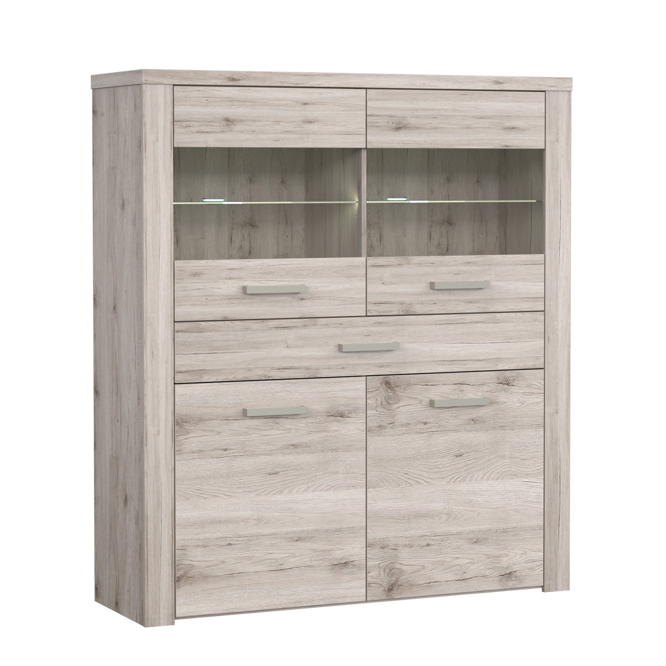 Newroom Vitrine Sandeiche 127 cm Highboardvitrine Sandeiche Modern Kommode Sideboard Wohnzimmer