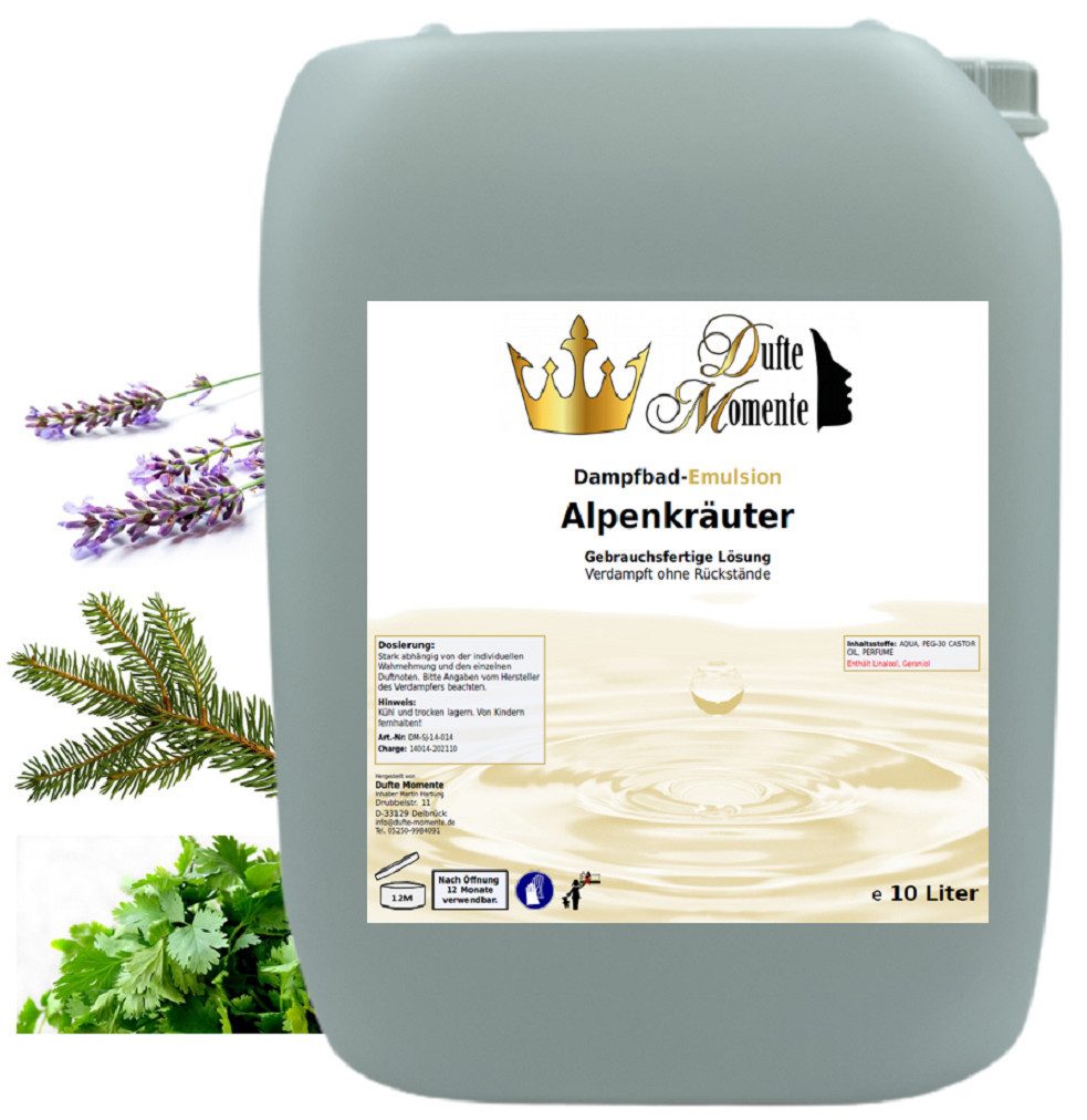 Dufte Momente Duftöl Dampfbad Emulsion Alpenkräuter 10 Liter, gebrauchsfertig, vegan und ohne Tierversuche
