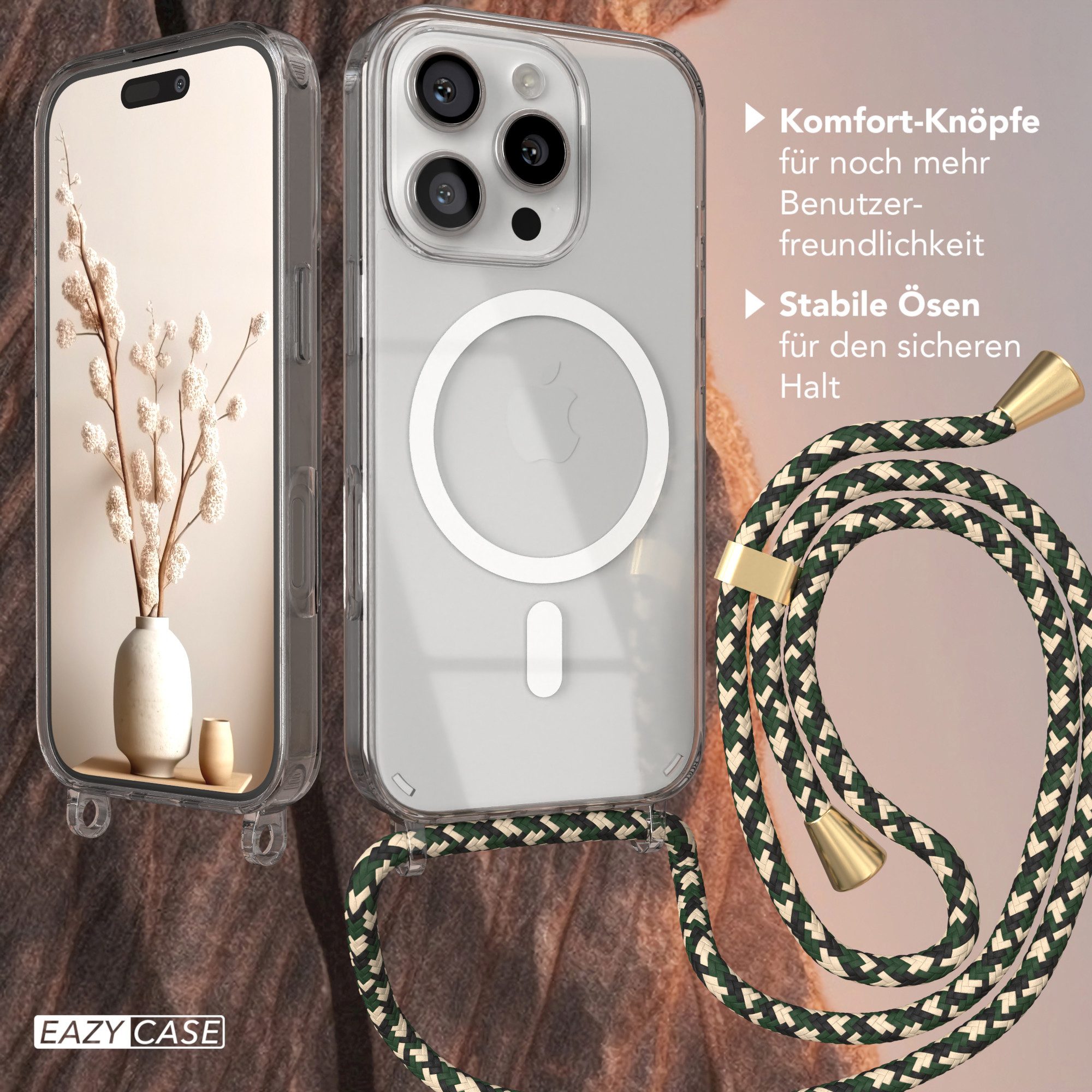 EAZY CASE Handykette mit Magsafe Hülle für Apple iPhone 16 Pro 6,3 Zoll, Umhängeband mit Backcover Etui Schutzhülle Hülle Case Camouflage Grün
