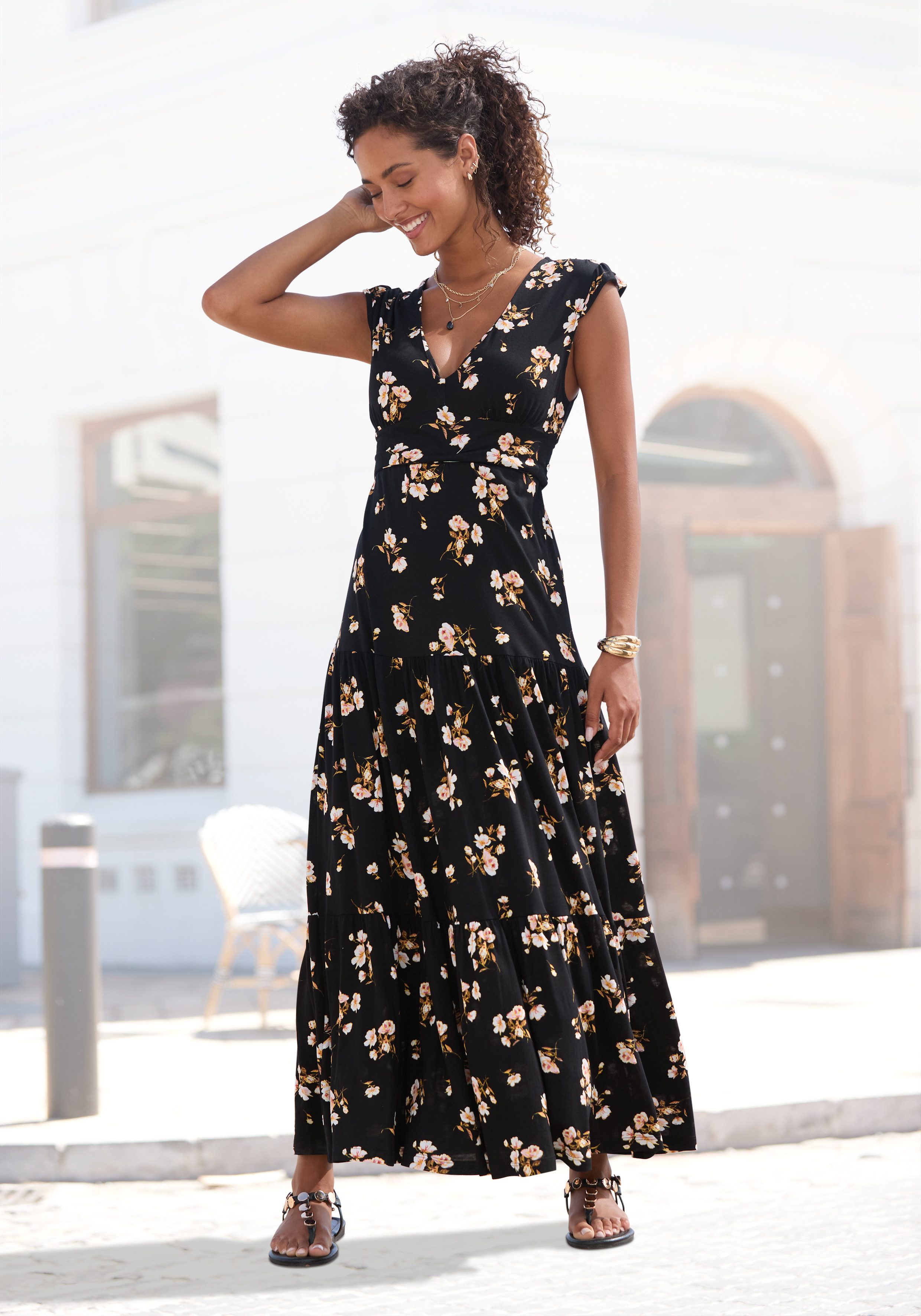 Vivance by Lascana Maxikleid mit V-Ausschnitt und Blumendruck langes Jerseykleid, Viskosekleid, Sommerkleid