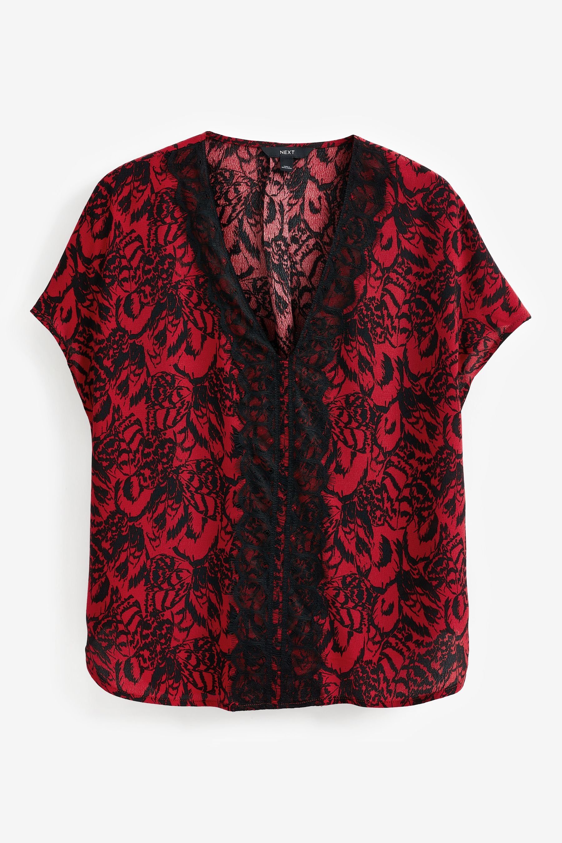 Black Kurzarmbluse Kurzärmelige Red (1-tlg) Print Spitzenbesatz Next and Bluse mit Feather