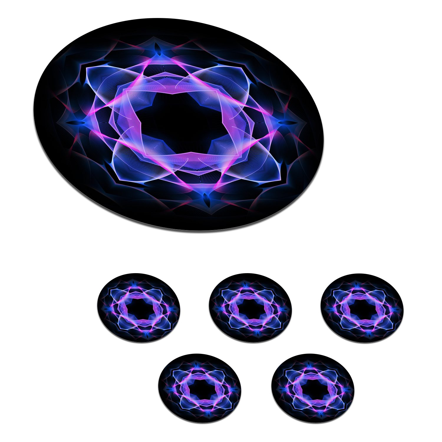 MuchoWow Glasuntersetzer Blaues Neon-Mandala-Kaleidoskop-Muster auf Schwarz, Zubehör für Gläser, 6-tlg., Getränkeuntersetzer, Tassenuntersetzer, Korkuntersetzer, Tasse, Becher