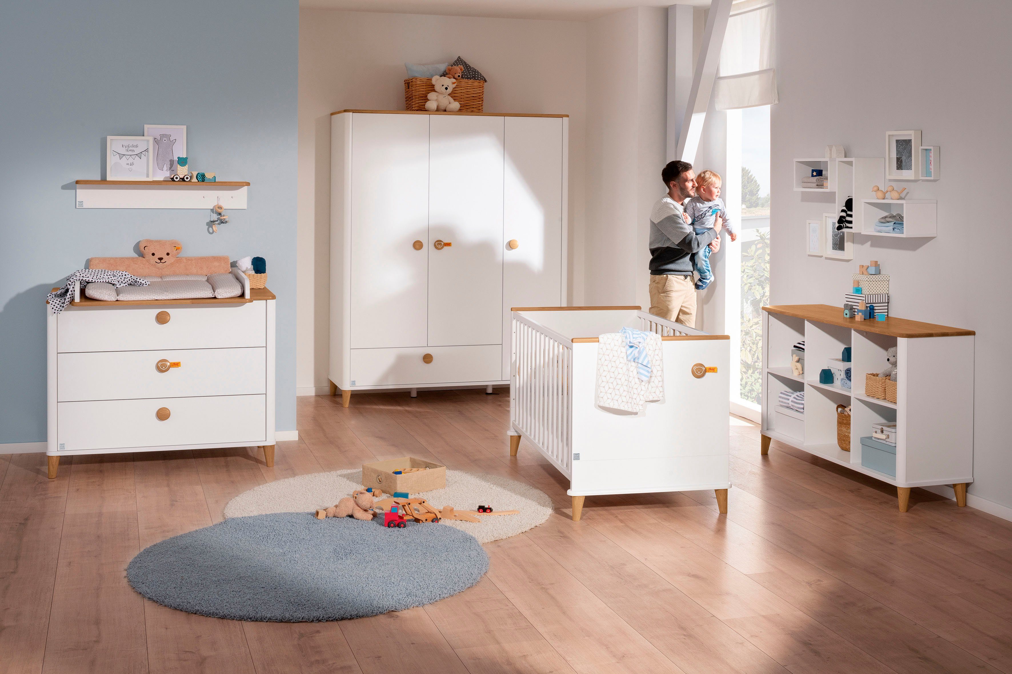 PAIDI Kinderregal LOTTE & FYNN Steiff by PAIDI, 6 offene Fächer, Weiß mit Eiche Massivholz, Sideboard 142 cm Breite, langlebiges Regal