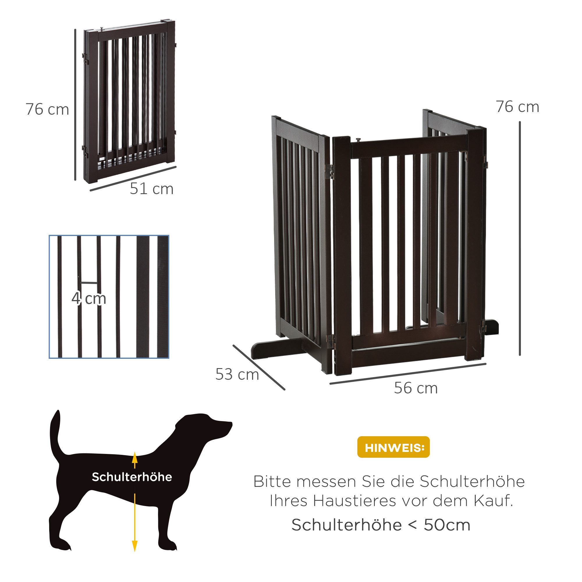 PawHut Hundegitter Absperrgitter Hund freistehend verstellbar Holz klappbar (Set, 1 St., klappbares Kamingitter), 155L x 1.5T x 76H cm – Bild 3 von 5