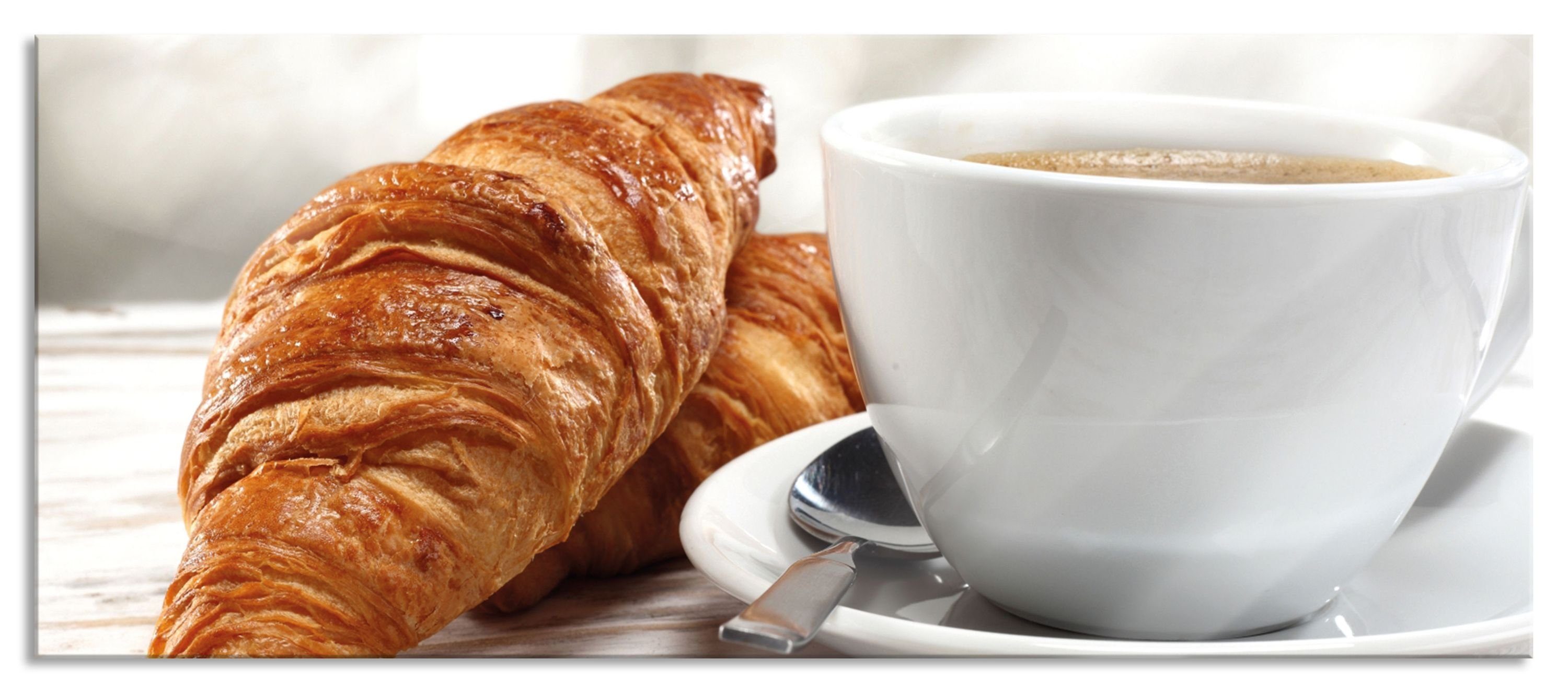 Pixxprint Glasbild Frisches Croissant und Kaffee, Frisches Croissant und Kaffee 