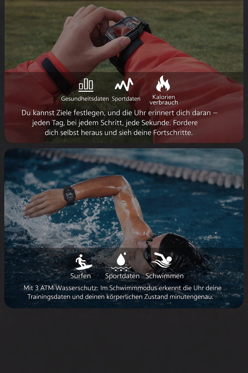 Diyarts Smartwatch (4,3 cm), Smartwatch, Silikonarmband, Ladekabel, Bedienungsanleitung, 1,69″ Touchscreen · 20 Sportmodi · 3 ATM · Bluetooth
