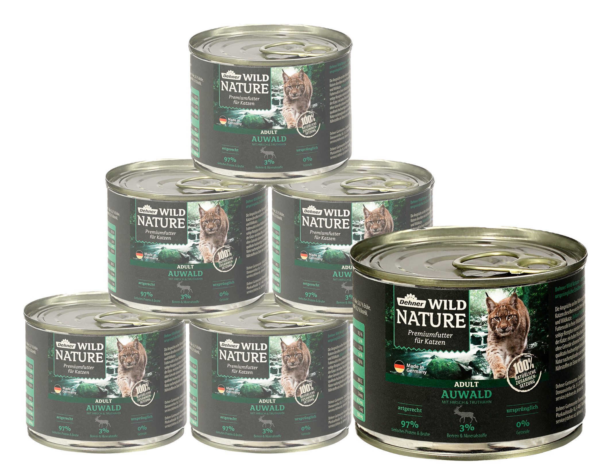 Dehner Wild Nature Auwald Adult Hirsch / Truthahn, 6 x 200/400 g Dose Hirsch, Nassfutter für: Katze, Nassfutter für ausgewachsene Katzen, glutenfrei