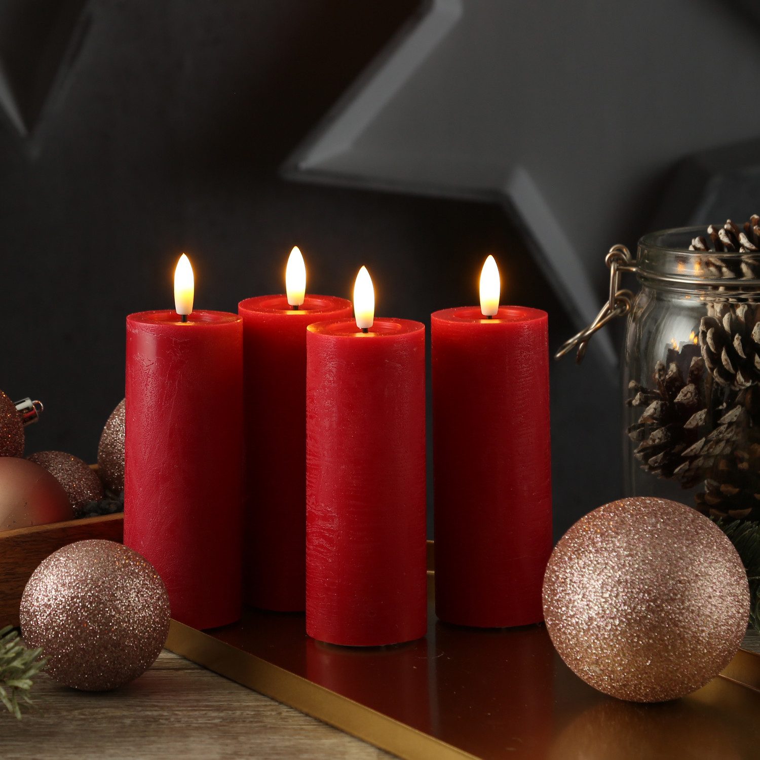 Adilina LED-Kerze Kerzenset LINA Rustik Optik für Adventskranz 5x12,5cm Timer rot 4St (4-tlg)