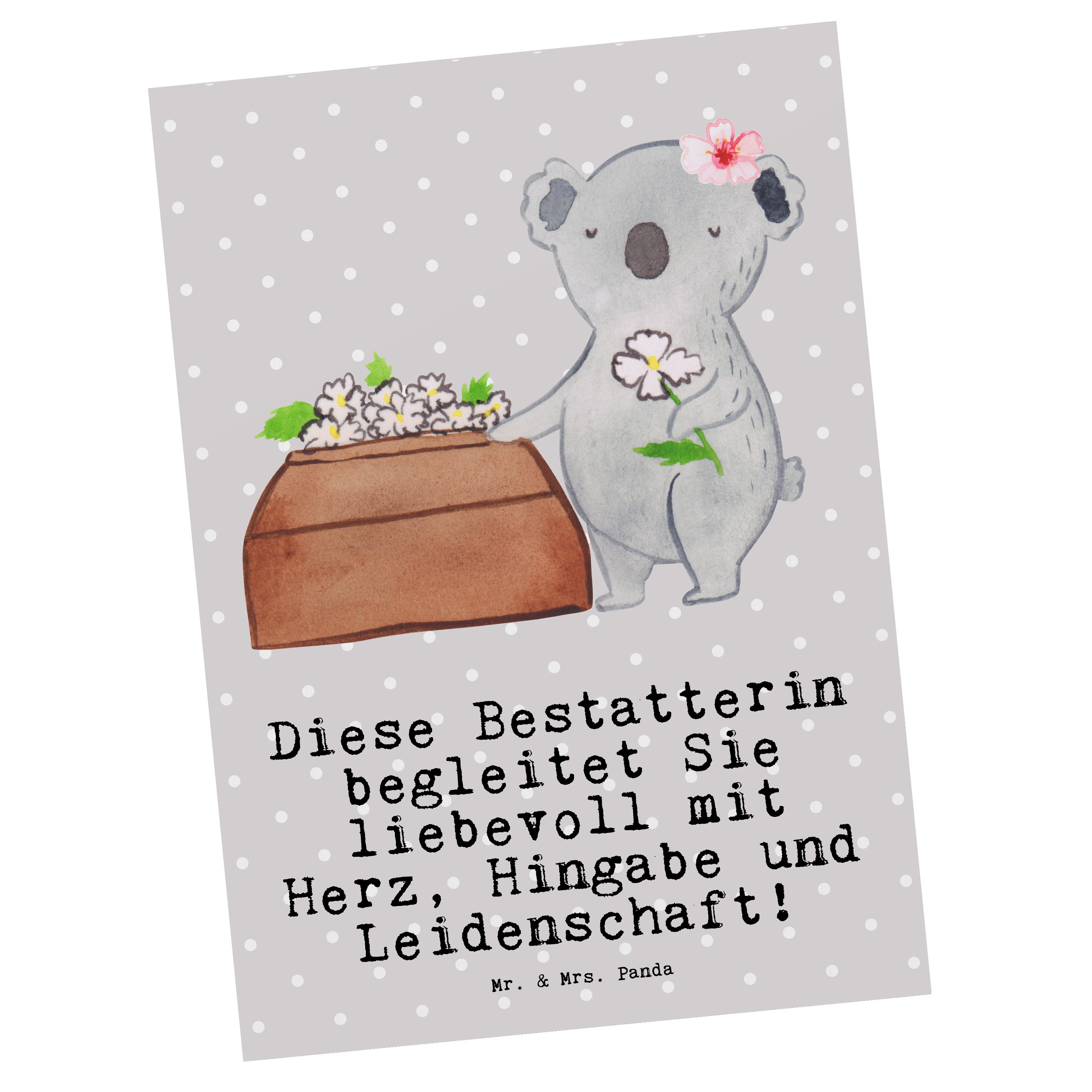 Mr. & Mrs. Panda Postkarte Bestatterin mit Herz - Grau Pastell - Geschenk, Einladung, Beruf, Ges | Grußkarten