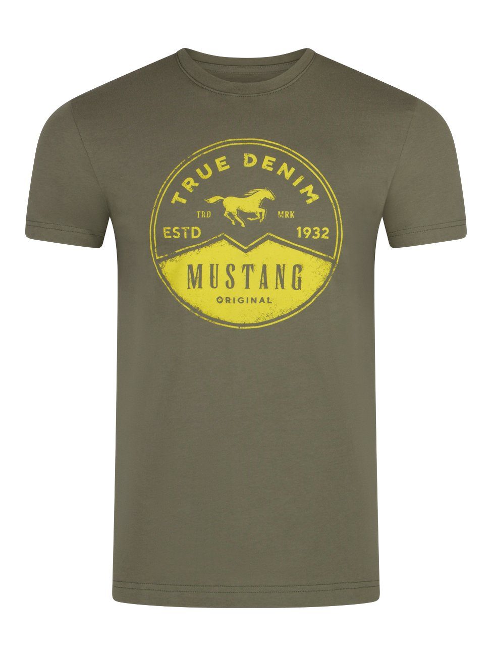 (1-tlg) T-Shirt Tee Olive Herren MUSTANG Kurzarm (1014004-6357) Printshirt Dusty Baumwolle Rundhalsausschnitt 100% aus mit Fit Shirt Regular