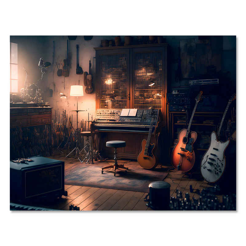 wandmotiv24 Leinwandbild Musikraum, Gitarre, Querformat, Vintage (1 St), Wandbild, Wanddeko, Leinwandbilder in versch. Größen