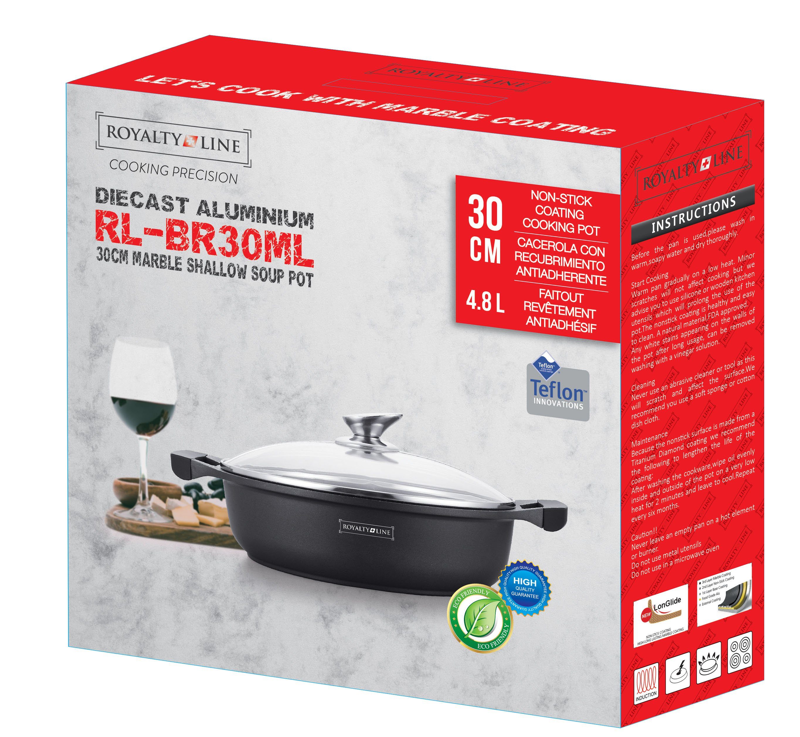 Royalty Line Kochtopf XL Kochtopf Topf Pfanne Glasdeckel Aluguss Ø30 Royalty Line RL-BR30ML, Aluminiumguss (Set bestehend aus 1 Kochtopf und 1 Glasdeckel)