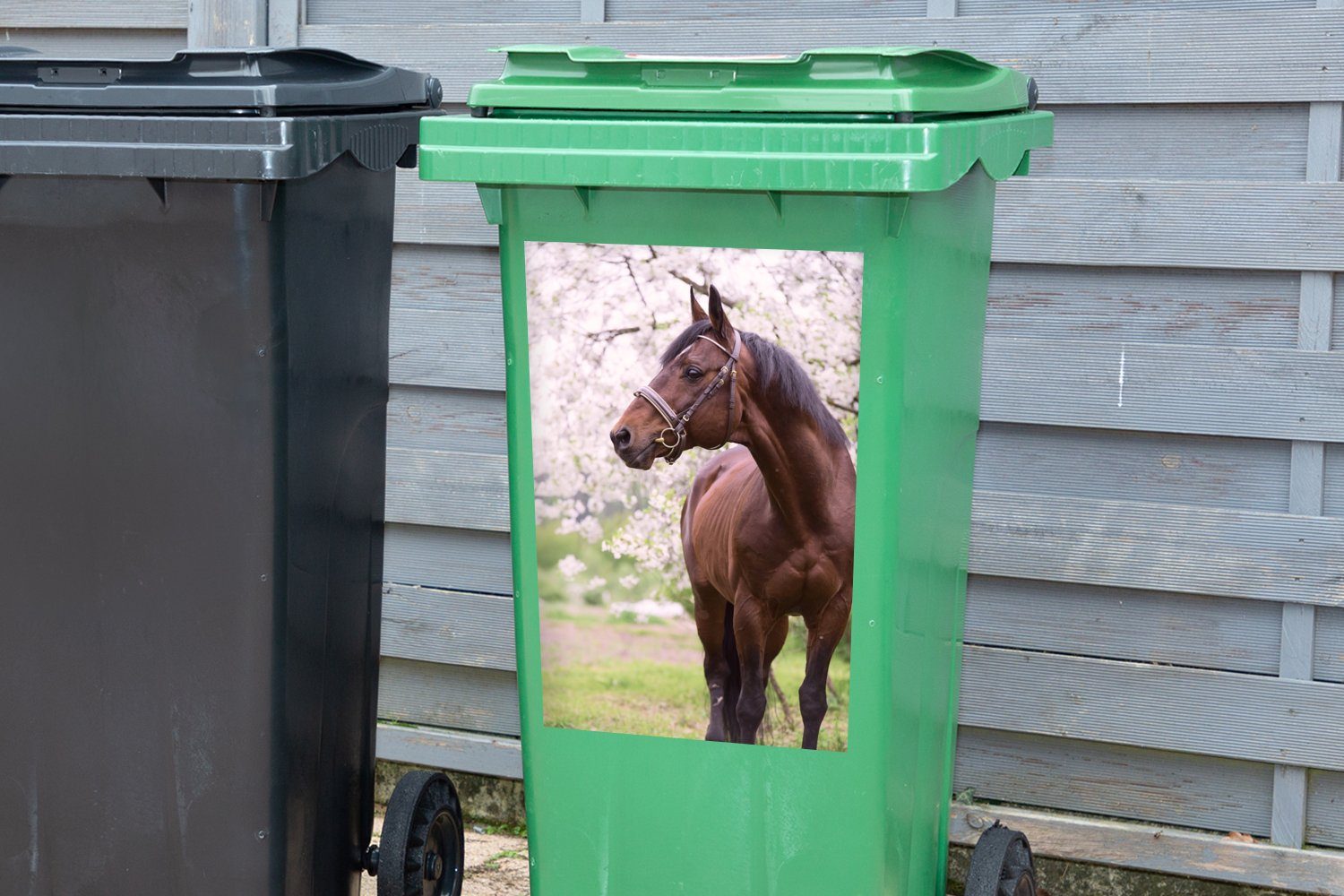 Pferd (1 Sticker, Mülleimer-aufkleber, St), MuchoWow Halfter Mülltonne, - Abfalbehälter Sakura Wandsticker - Container,