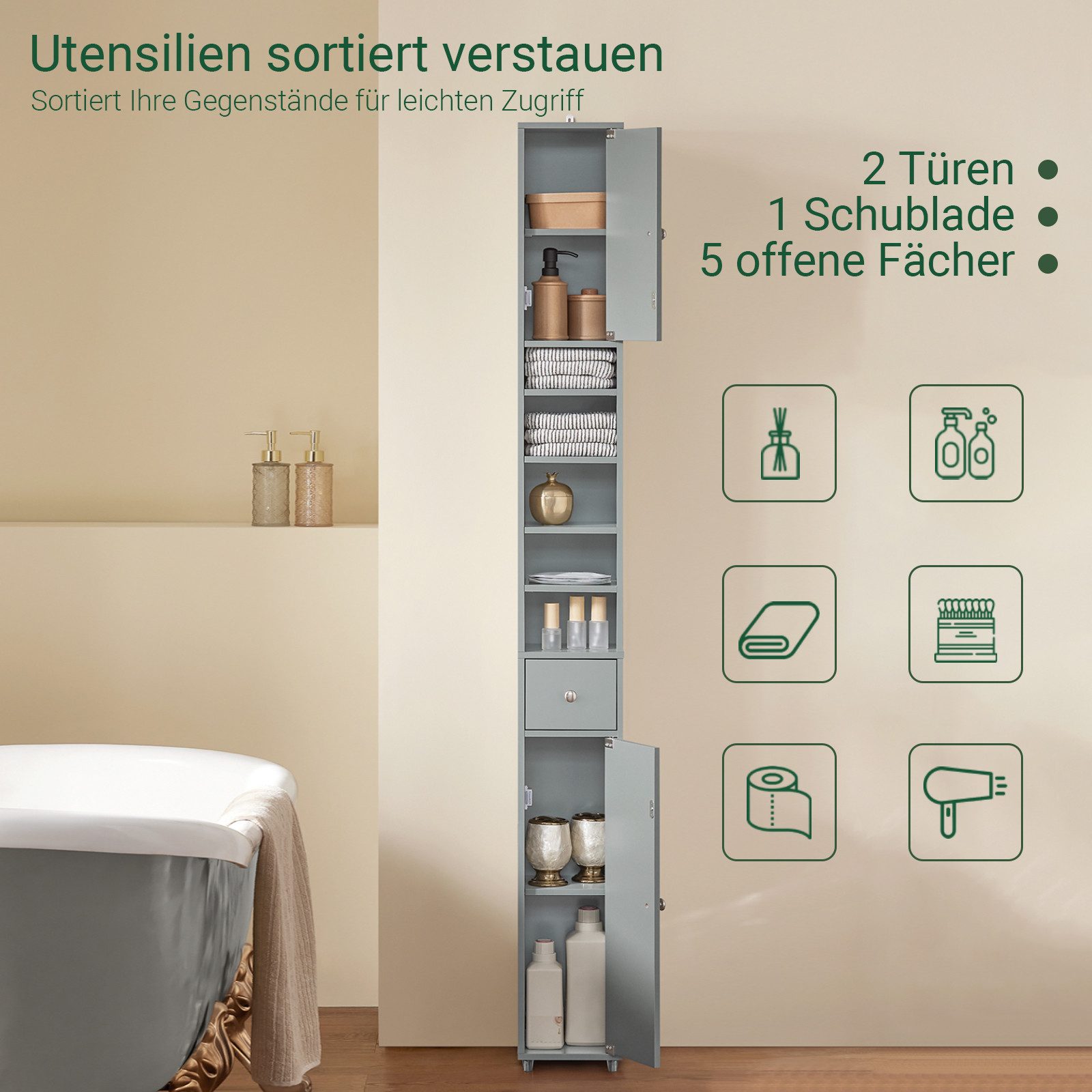 SoBuy Badezimmerschrank mit 5 Fächern und 1 Schublade MDF Grau BZR34-HG günstig online kaufen
