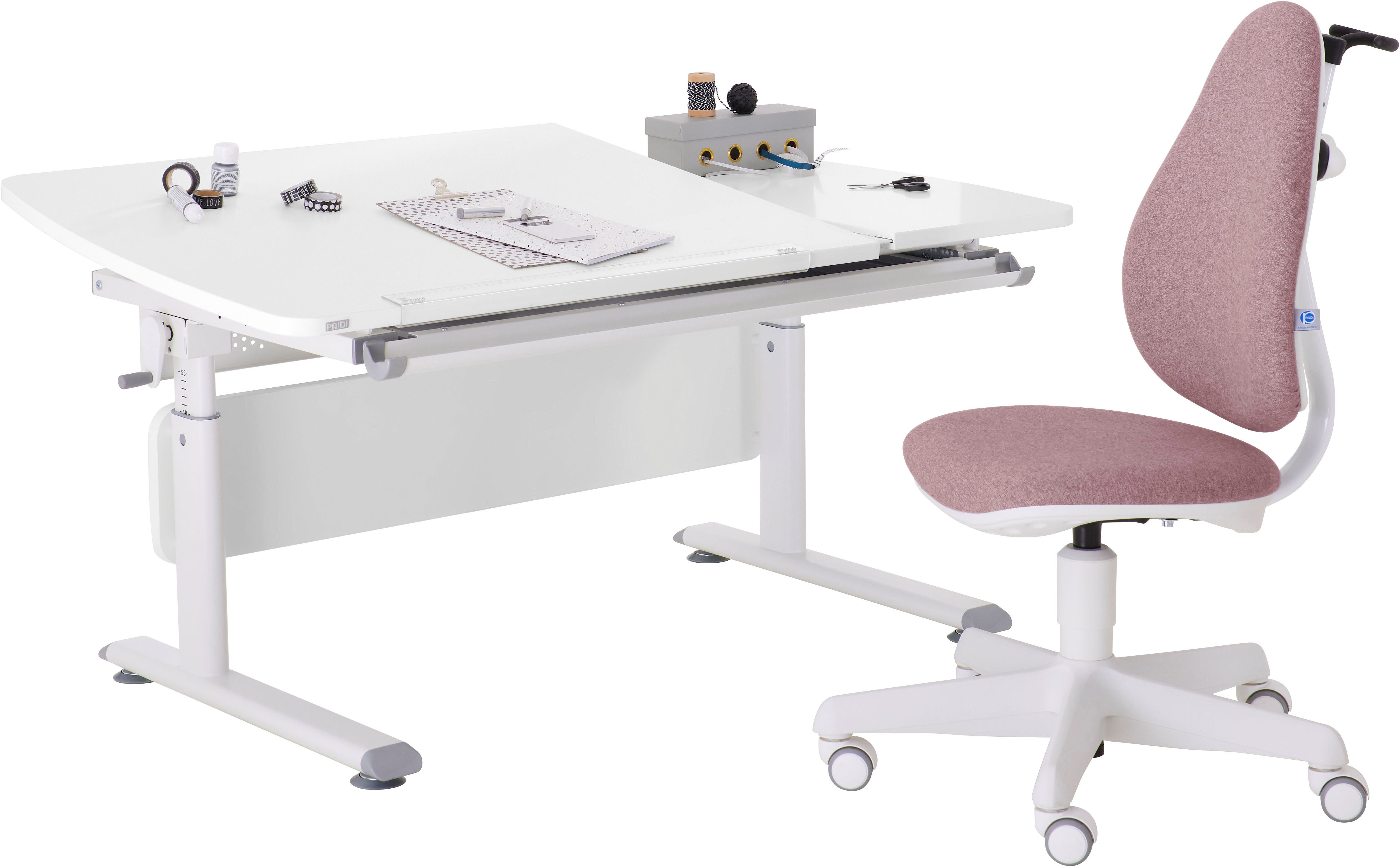 PAIDI Büromöbel-Set Kinderschreibtisch & Drehstuhl in Weiß, mitwachsend & ergonomisch, (Spar-Set, 130x70 cm Schülerschreibtisch, Kinderstuhl in Blau/Rosa), stufenlos höhenverstellbar, neigbare Tischplatte, Schulstarter-Set