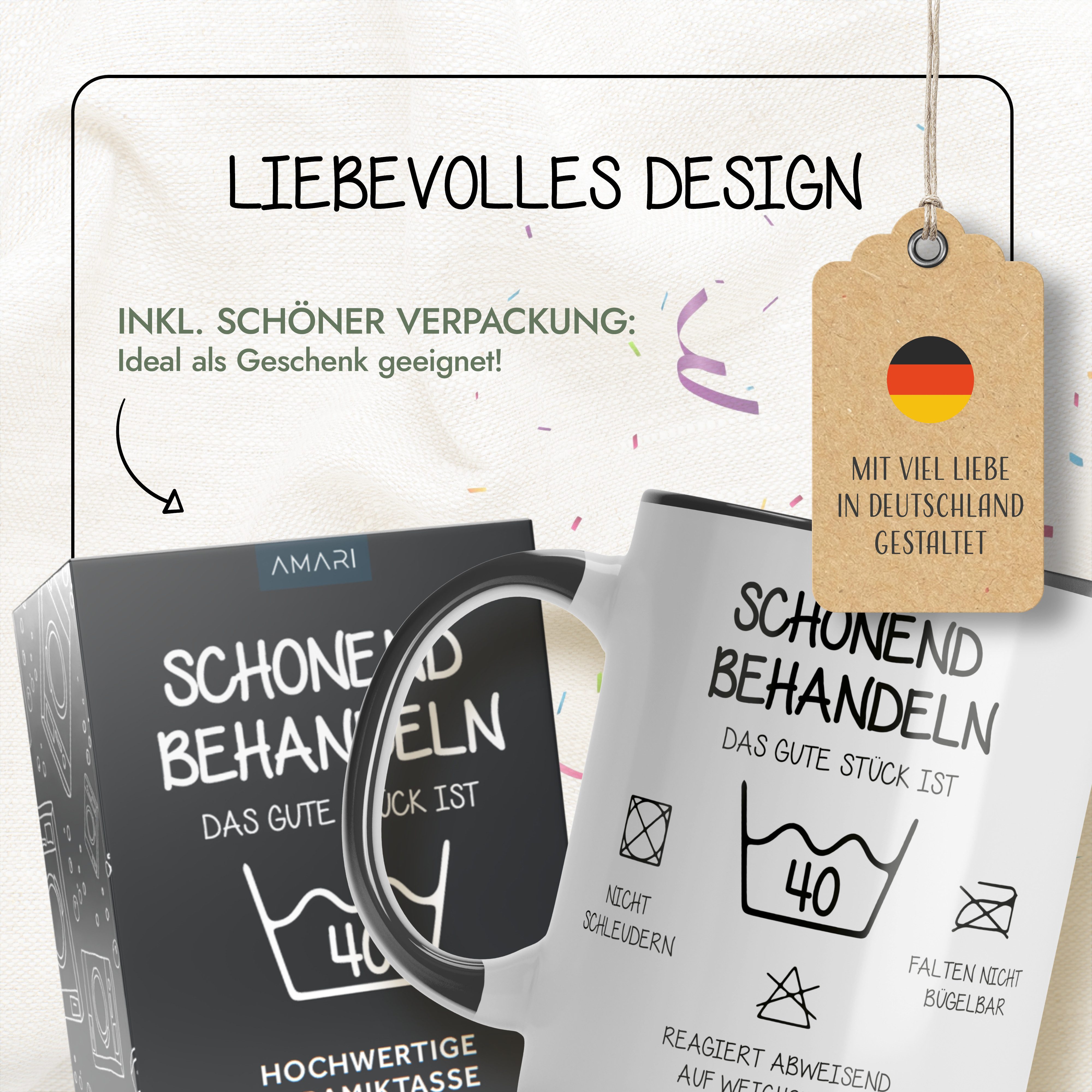 Amari Tasse Schonend behandeln Tasse 40. 50. 60. Geburtstag, Spruch Geschenkbox, Keramik, Spruch, Rundumdruck, mit Geschenkbox – Bild 4 von 5