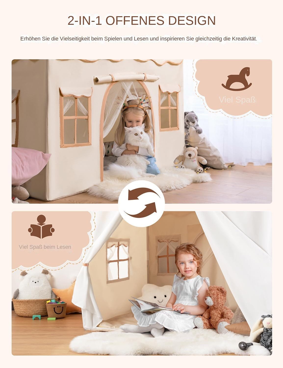 besrey Spielzelt 2 IN 1 Kinderzelt, Kinder Spielhaus Indoor mit Lichtern Prinzessin Zelt mit einem schönen Netzvorhang