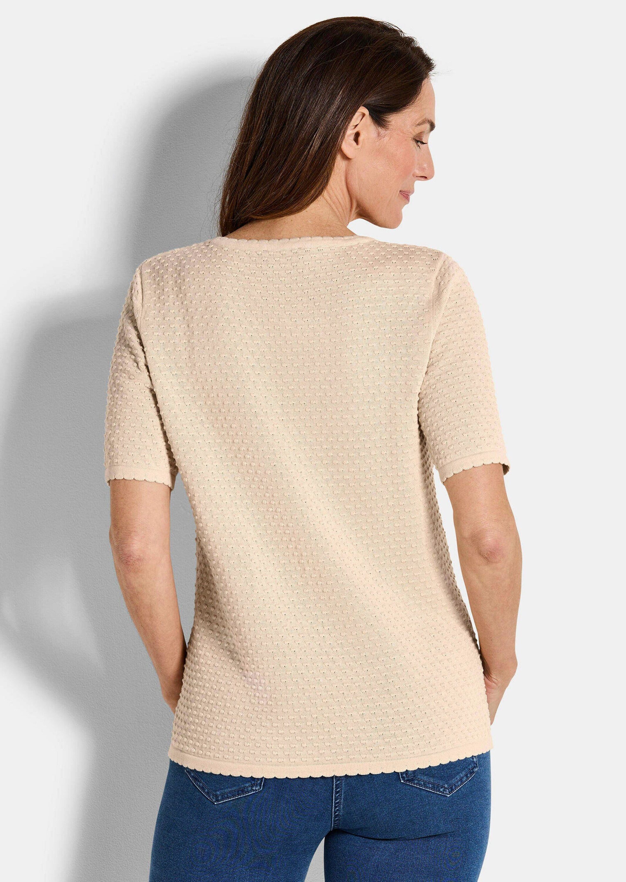 GOLDNER Strickpullover Halbarm Strickshirt mit Rundhals Feinstrickpullover mit gebogten Kanten, aus reiner Baumwolle