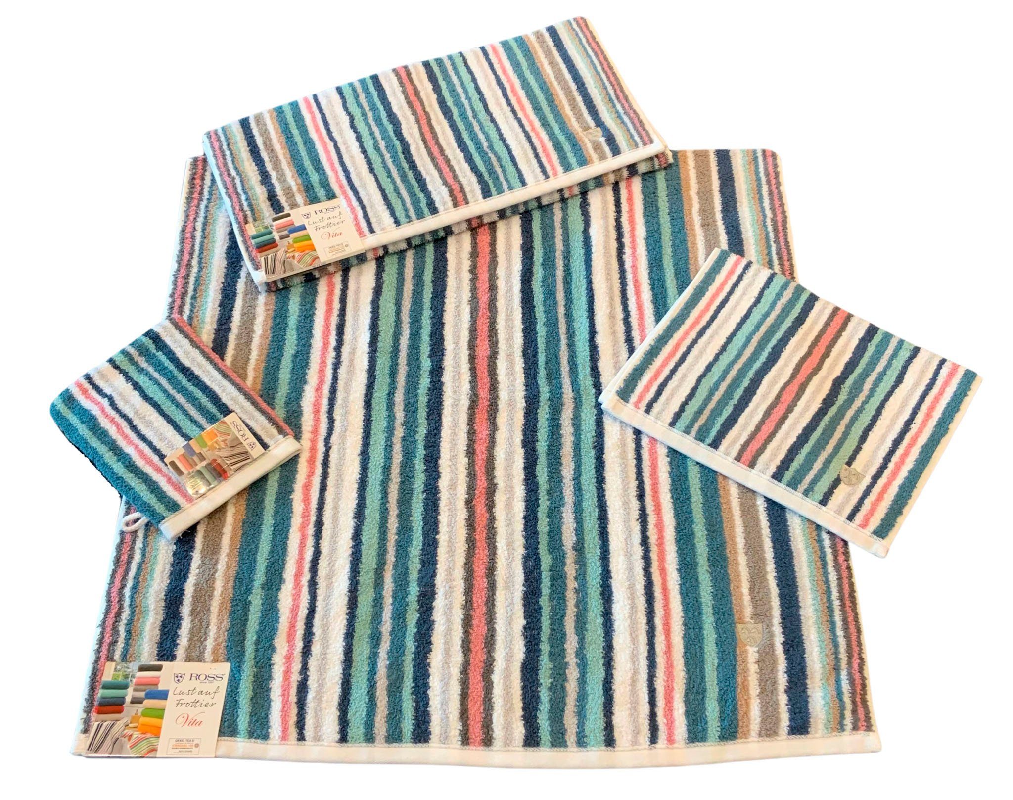 ROSS Waschhandschuh Multicolor, Frottier (6-St), mit Streifen und gesticktem ROSS-Emblem