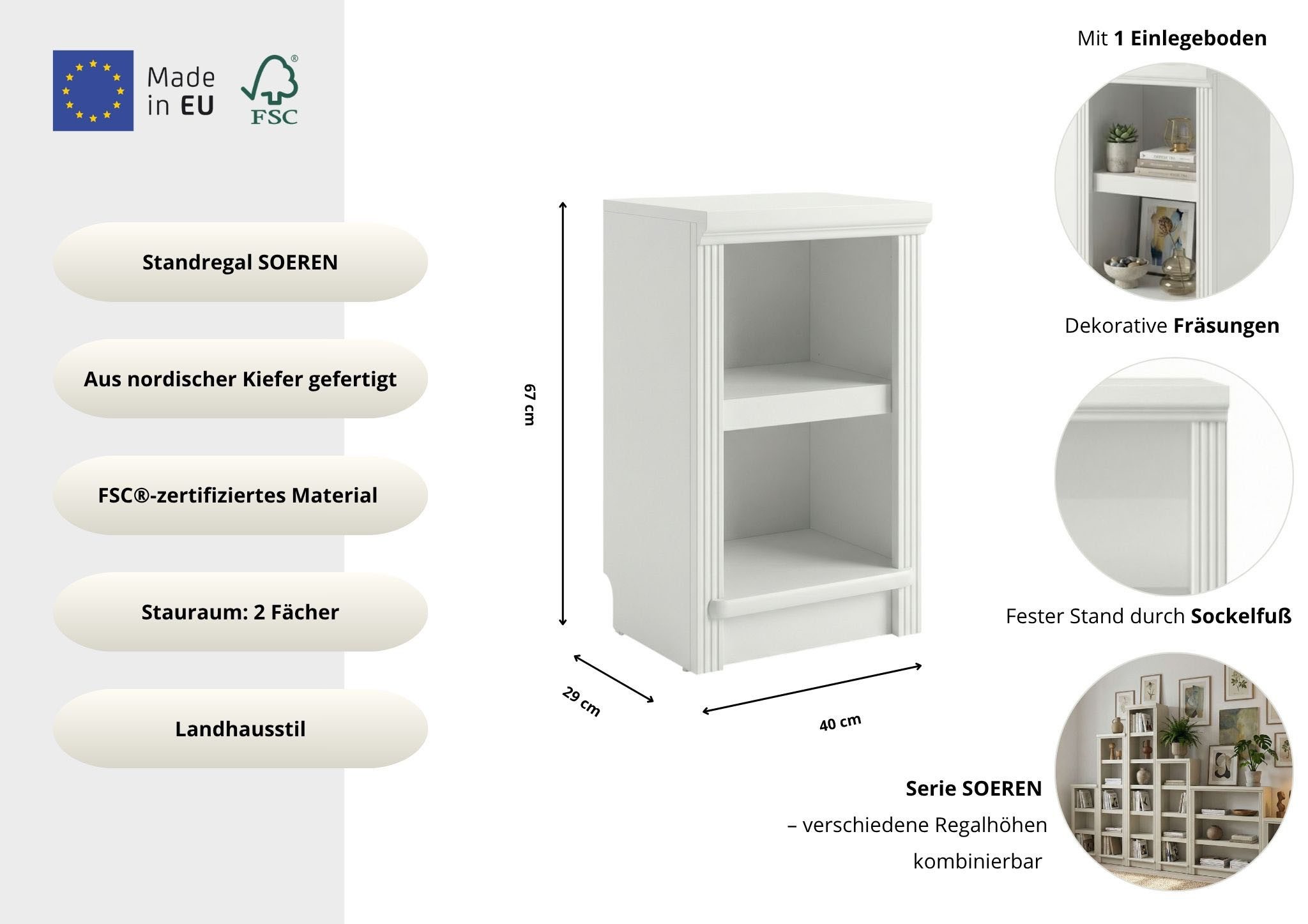 OTTO home Standregal Riga Bücherregal Regal Breite/Tiefe 40/29 cm, aus massiver Kiefer, FSC®-zertifiziert – Bild 3 von 5
