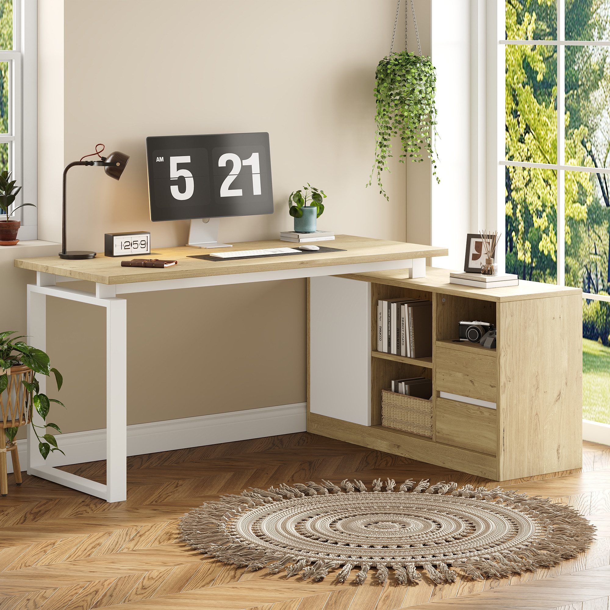 Merax Eckschreibtisch L-förmiger Schreibtisch mit Stauraum, Eckschreibtisch (1-St., mit 2 Schubladen, offenen Ebene und Tür), Computertisch, Bürotisch für Home Office