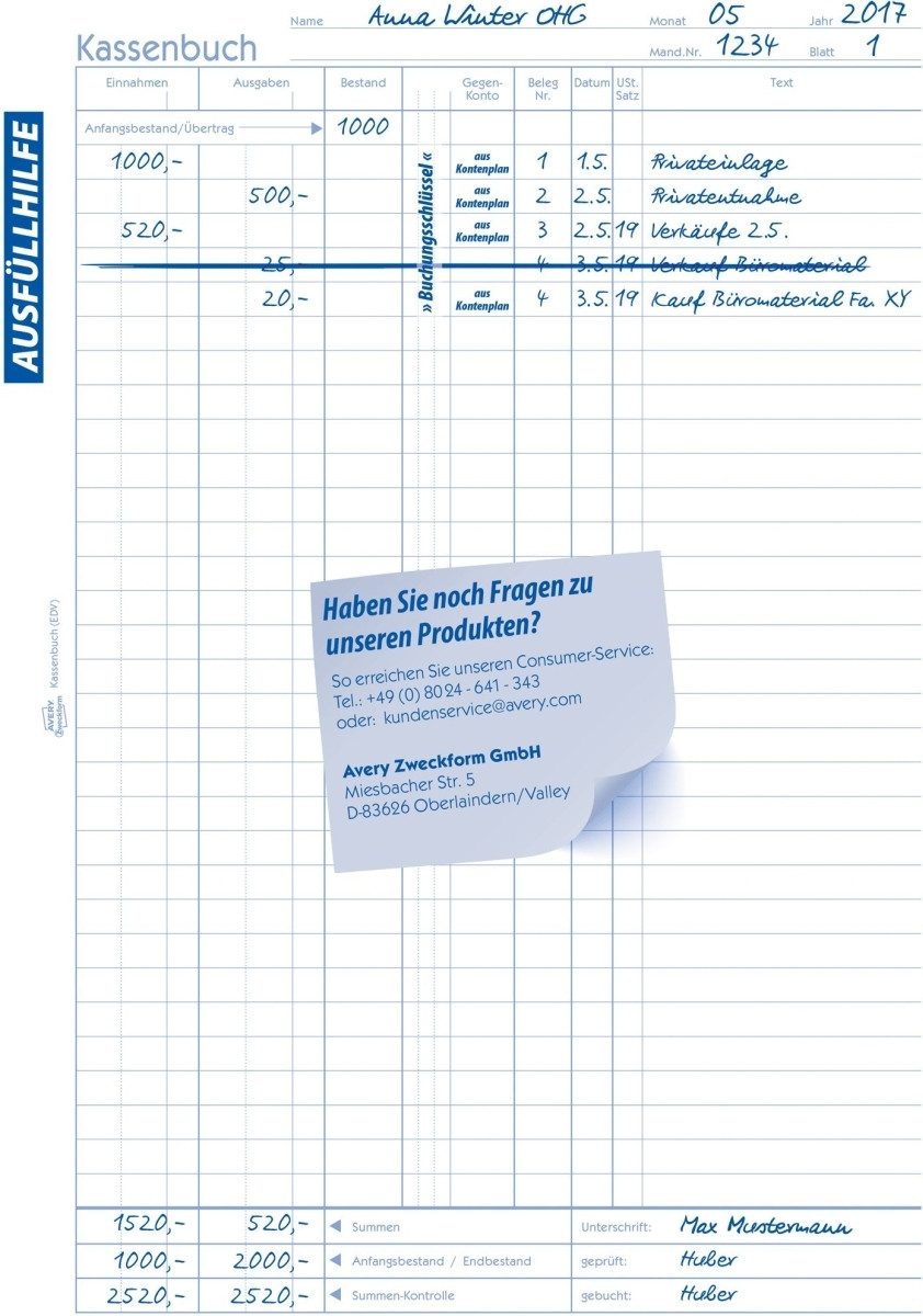 Formularblock Kassenbuch A4 RC EDV-gerecht Blaupapier 100 Blatt.