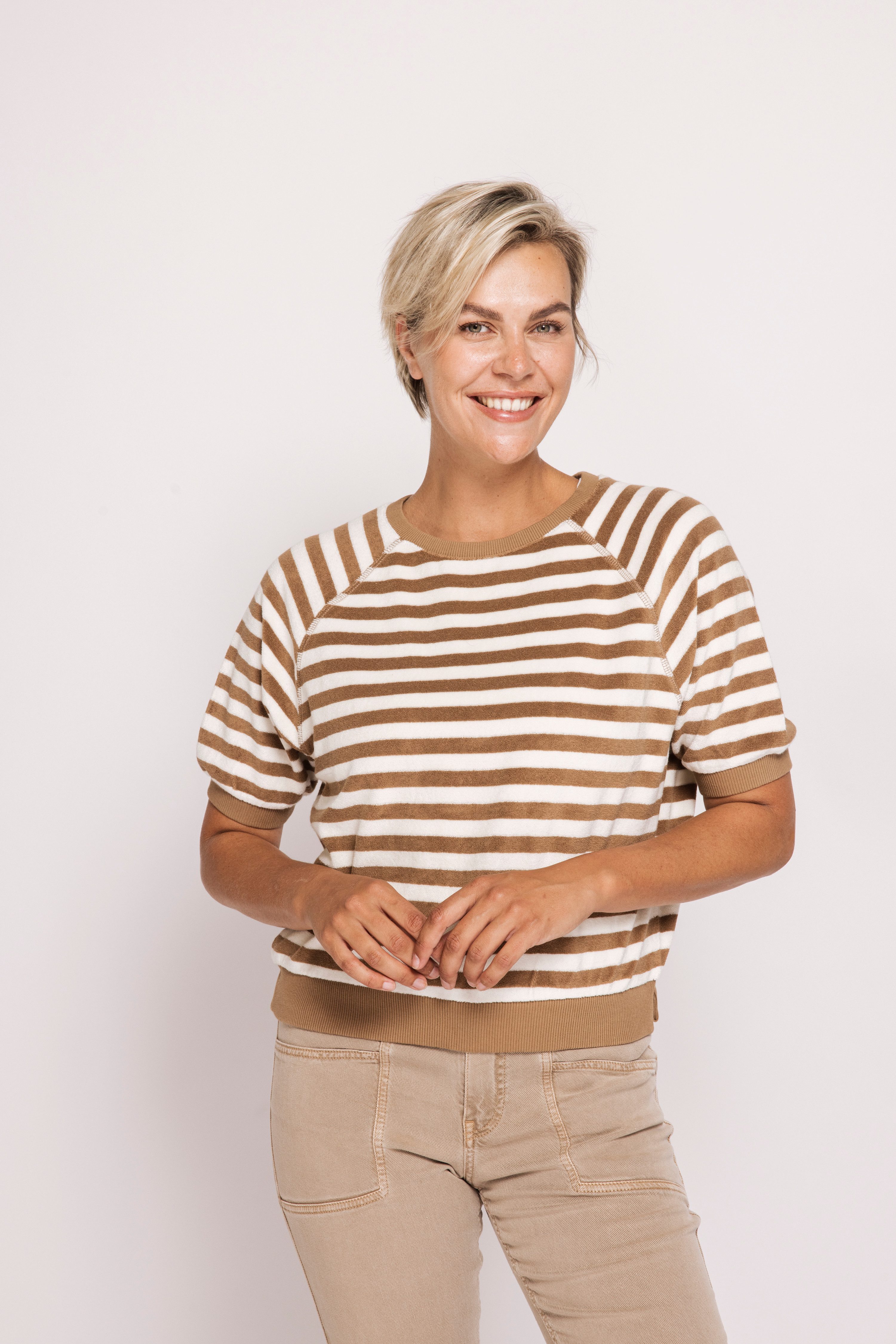 Zhrill Kurzarmshirt ZHINGE Frottee-Optik mit Streifen