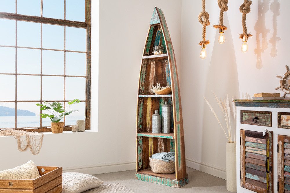 riess-ambiente Standregal JAKARTA 190cm natur / bunt, Einzelartikel 1-tlg., Wohnzimmer · Massivholz · Boot · stehend · Boho