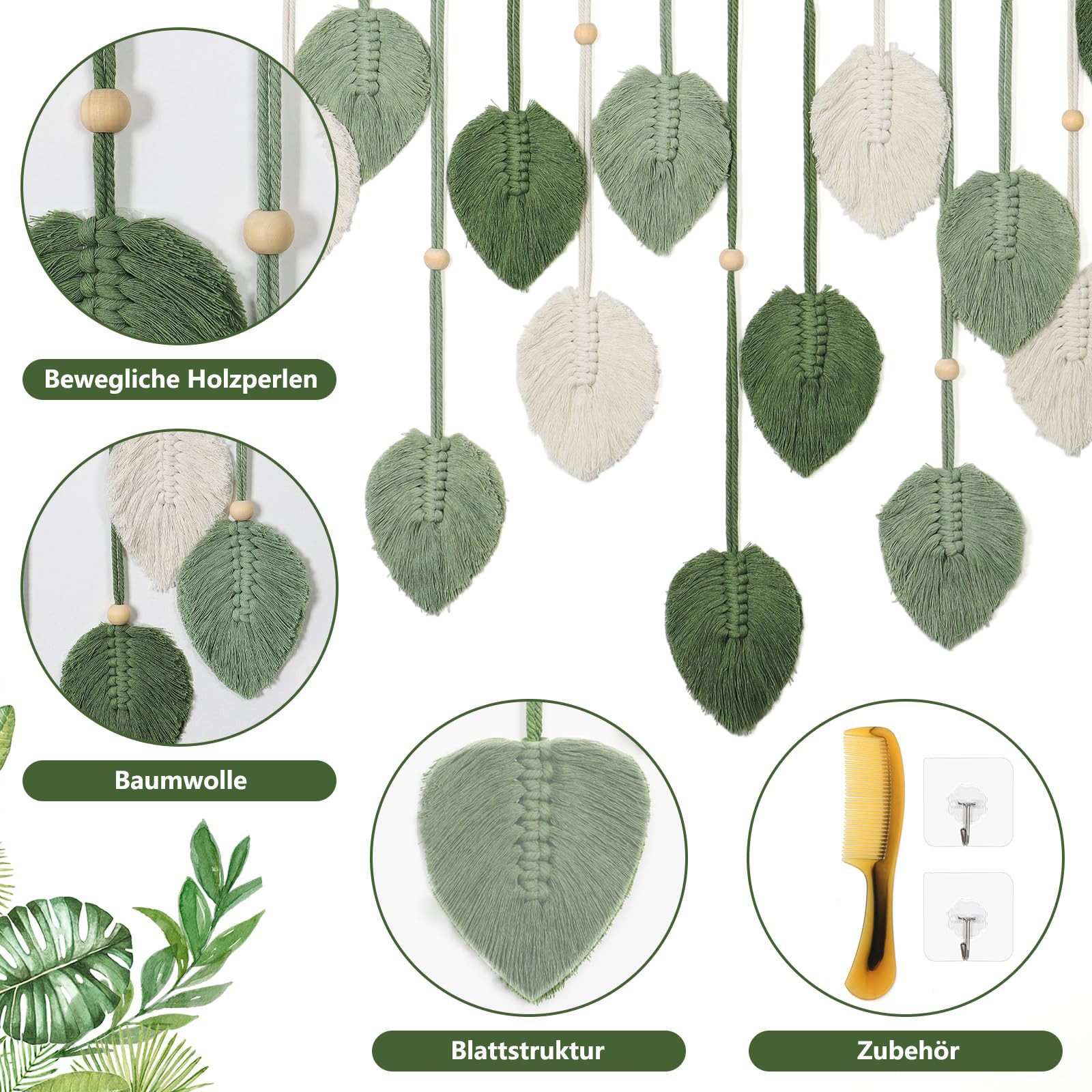 FOUORTUNATE-BEE Wanddekoobjekt Makramee Wandbehang Makramee Blätter Gewebtes Wandbehang Deko (für Schlafzimmer Wohnzimmer)