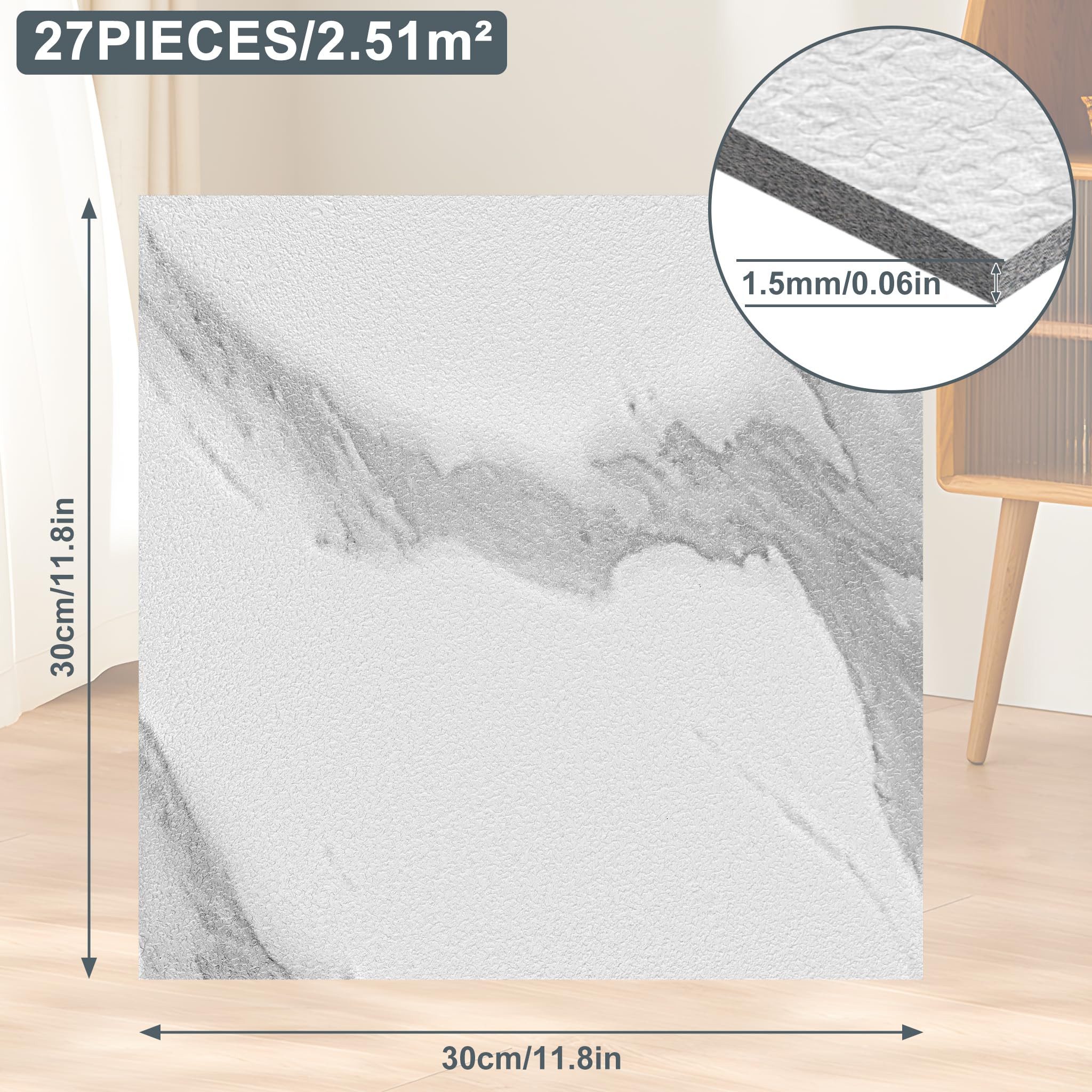 FIVMEN Vinylboden PVC Bodenbelag Selbstklebend Vinylboden Bodenfliesen 30cm×30cm, 27 Stück, 2.51m², Fliesenaufkleber Rutschfeste Venylbodenbelag für Schlafzimmer, Küche