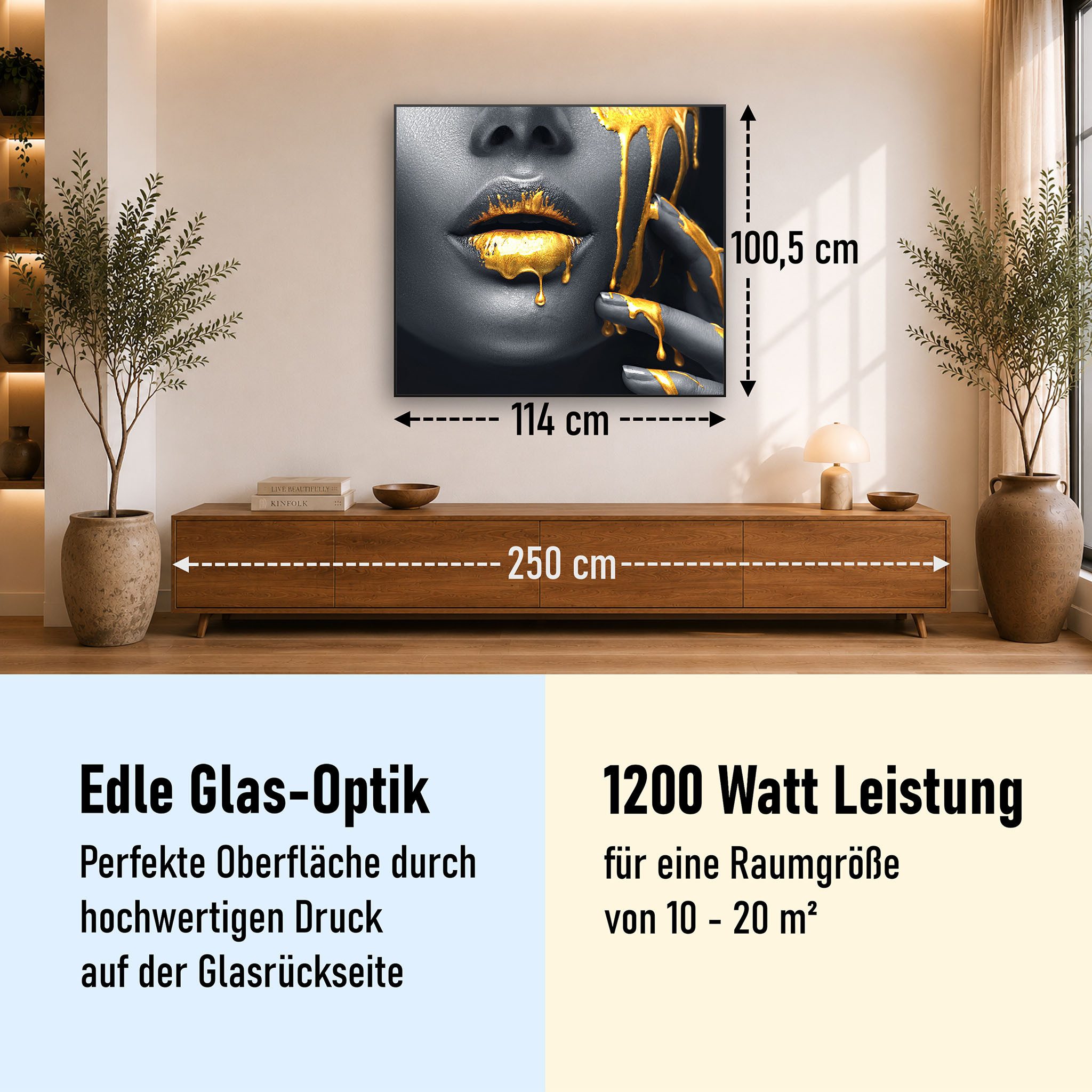 STEINFELD Heizsysteme Infrarotheizung Glas-Bild 1200W, 114x100cm, Made in Germany, 7 Jahre Garantie, mit Thermostat, Schwarz