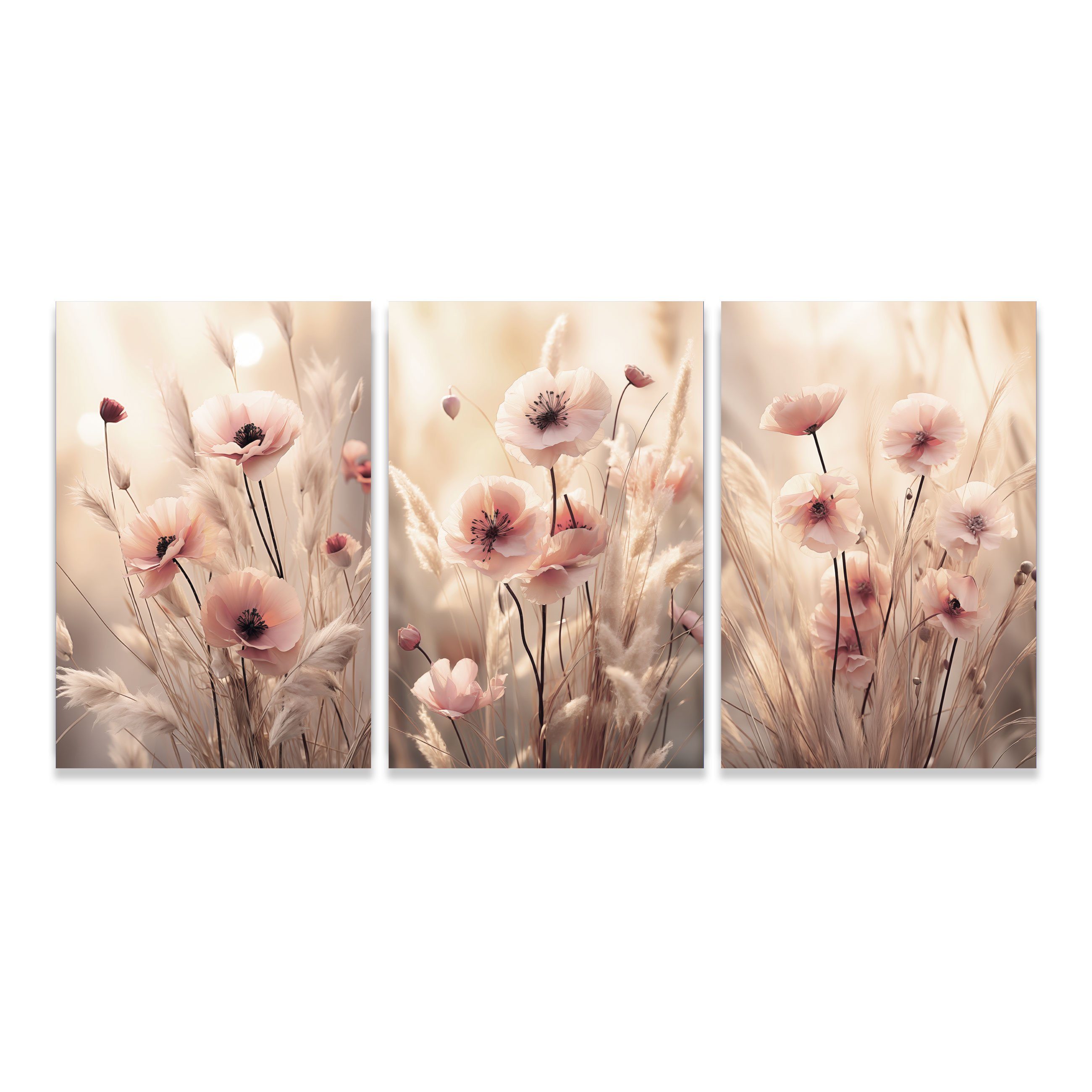 Wallarena Poster SET Blumen Wiese Wohnzimmer Schlafzimmer Kunstdruck Wandbild XXL, Mohnblumen Poster Bild (Set 3 teilig, 3 St), Groß Wandbilder Größen : 3x30x40 cm / 3x50x70 cm / 3x70x100 cm