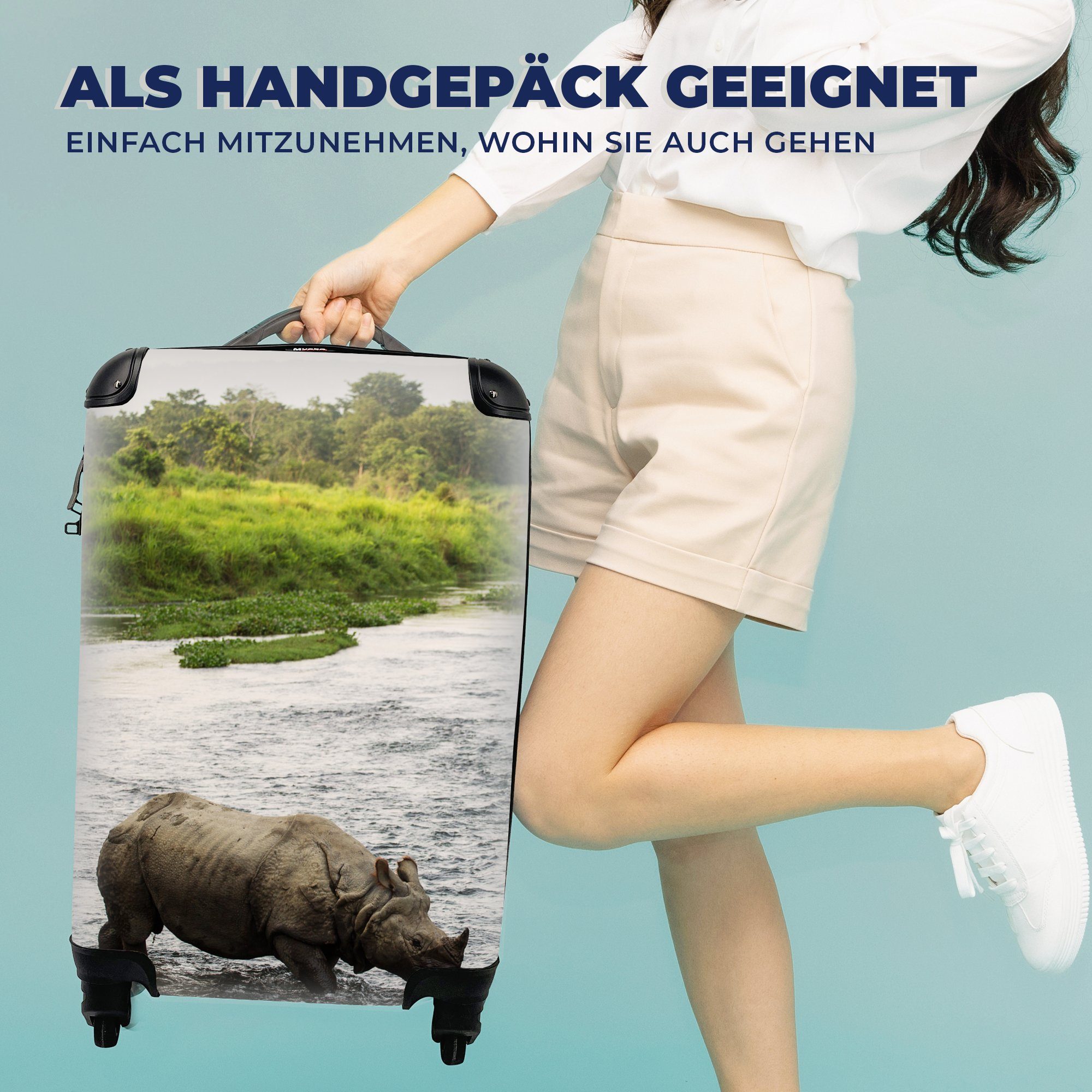 Handgepäck Reisetasche für Handgepäckkoffer Wasser, Ferien, Trolley, Rollen, rollen, MuchoWow Nashorn 4 mit Reisekoffer im