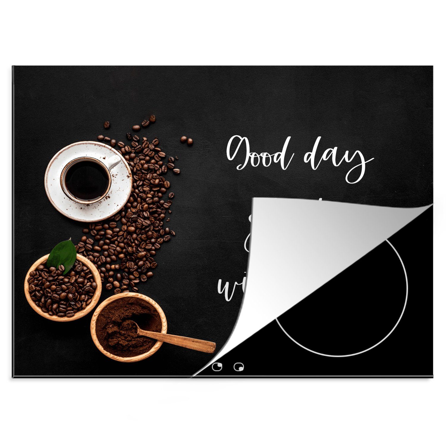 MuchoWow Herdblende-/Abdeckplatte Kaffee - Ein guter Tag beginnt mit Kaffee! - Kaffeeliebhaber -, Vinyl, (1 tlg), 60x52 cm, Mobile Arbeitsfläche nutzbar, Ceranfeldabdeckung
