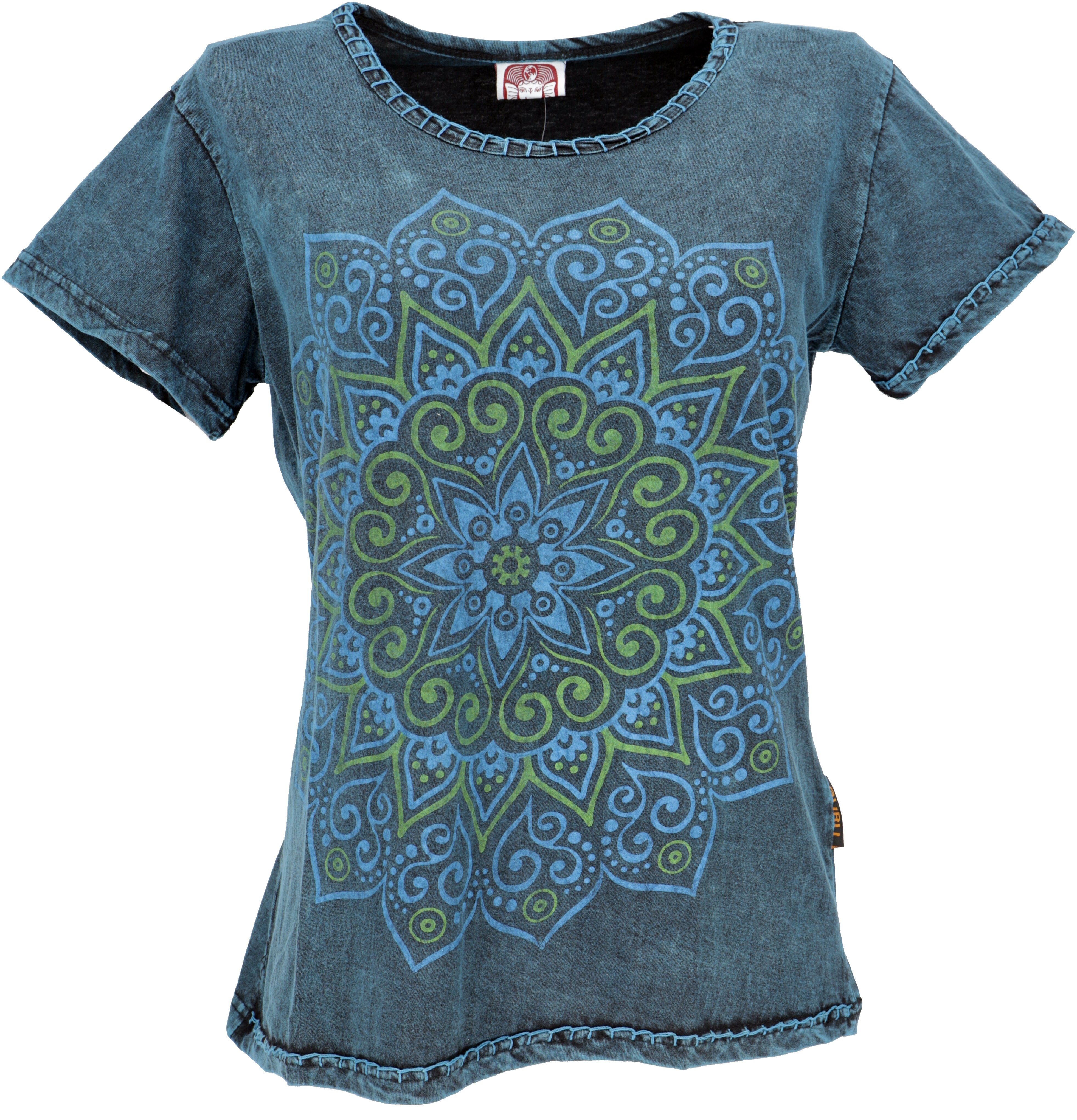 Guru-Shop T-Shirt Boho T-Shirt mit Mandaladruck, Stonewashed.. Festival, Ethno Style, alternative Bekleidung