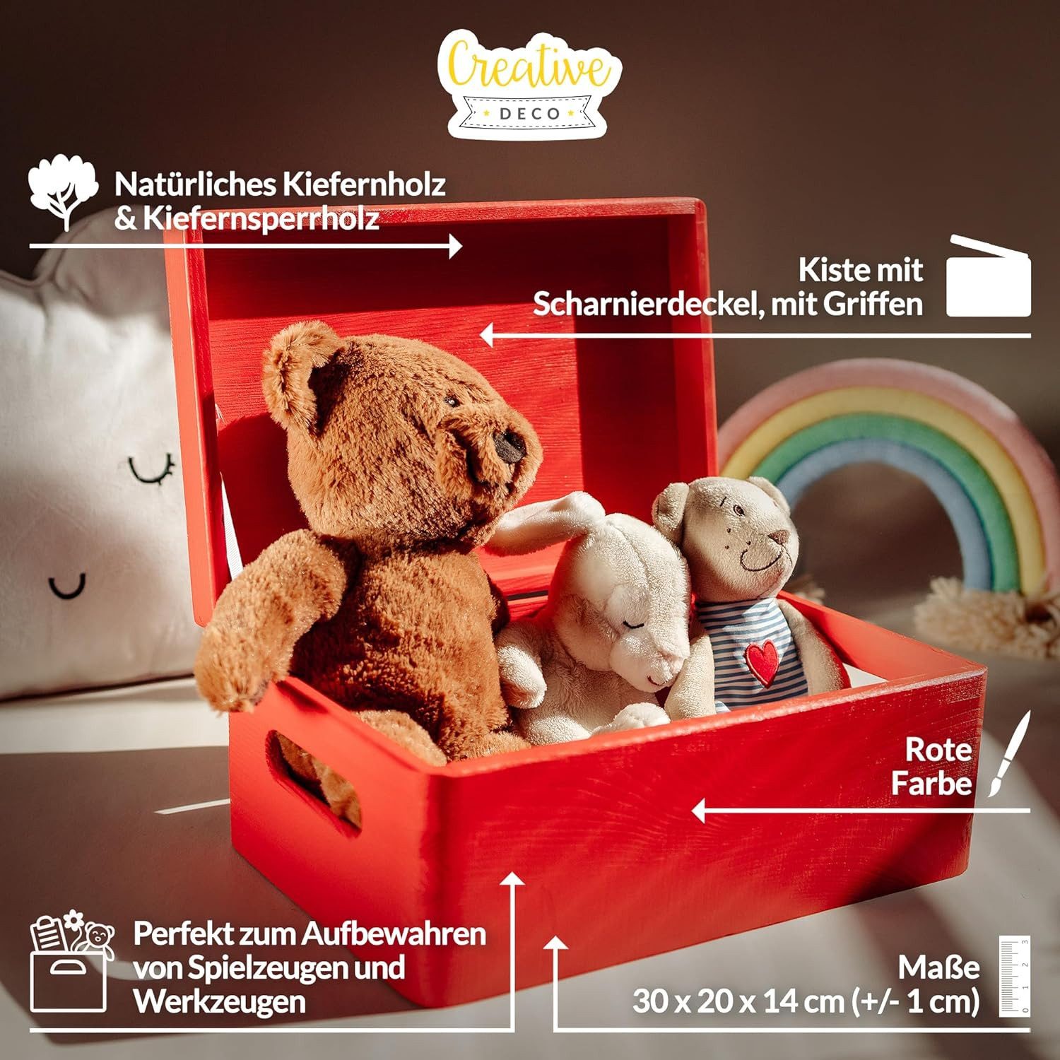 Creative Deco Holzkiste mit Deckel 30x20x14 cm (1cm)