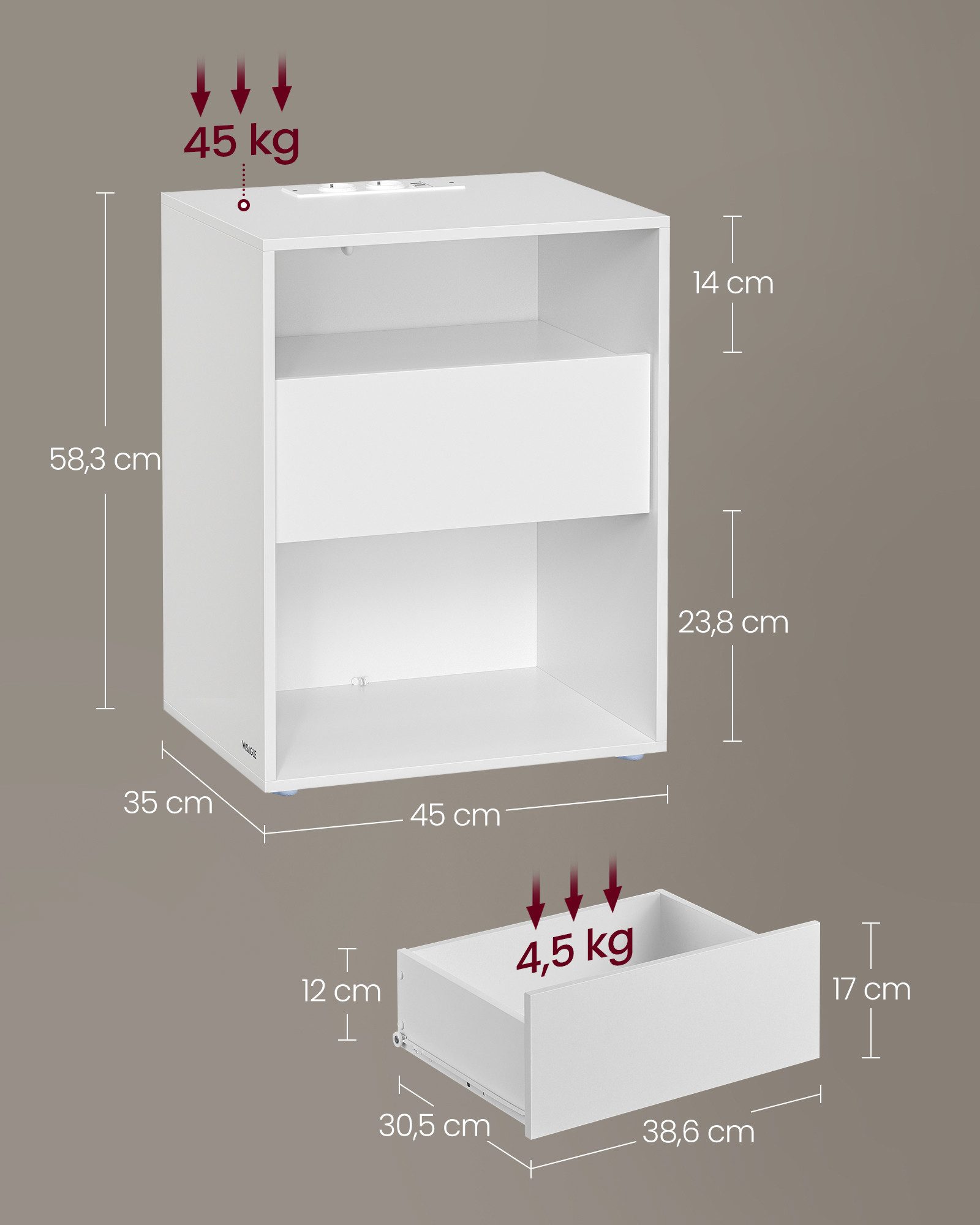 VASAGLE Nachttisch mit Ladefunktion, Toolless-Technologie, Beistelltisch mit Schublade (1-St), Nachttisch werkzeuglos Montage 1 er/2er Set