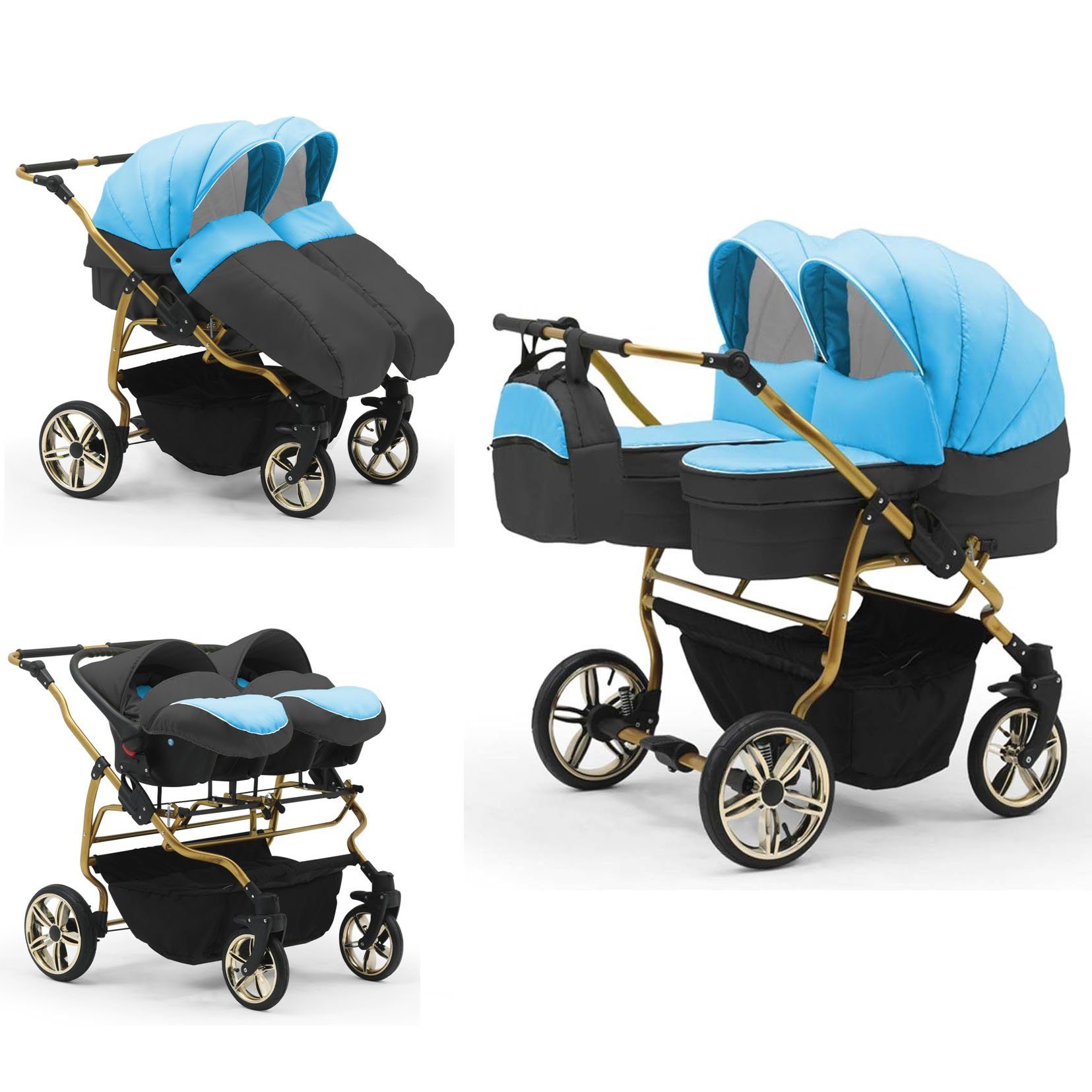 babies-on-wheels Zwillingswagen Duet Lux Gold 3 in 1 inkl. Autositze - 13 Teile - in 33 Farben Türkis-Dunkelgrau