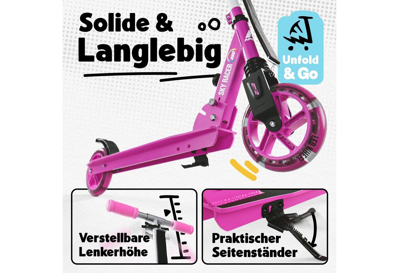 Thumbnail - Apollo Cityroller Skyracer LED City Scooter Kinder, Tretroller mit Federung, klappbarer Kinderroller, höhenverstellbar