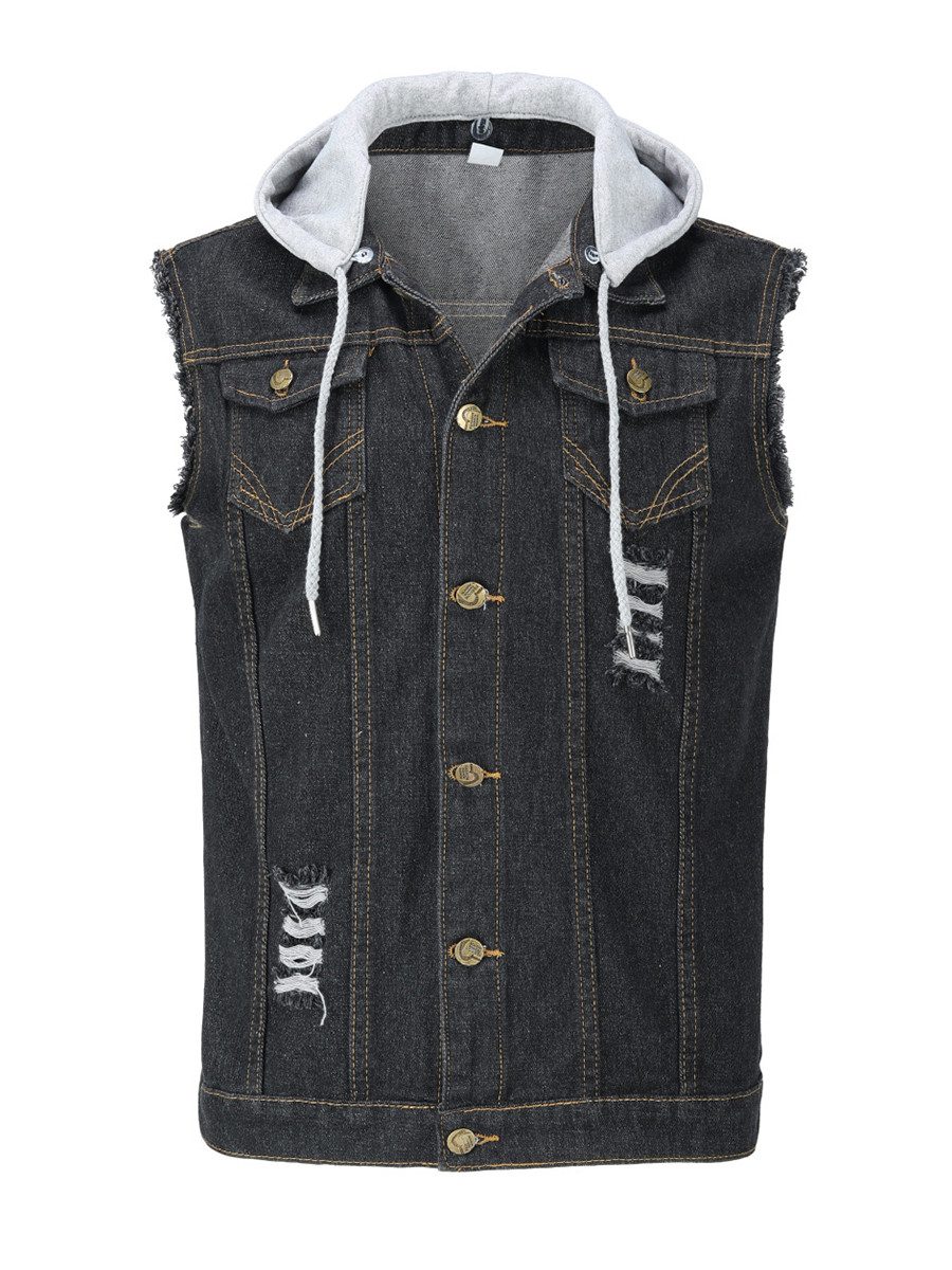 YOUTHUP Jeansweste Herren Denim Weste mit Kappe Zerrissen Jeansweste günstig online kaufen
