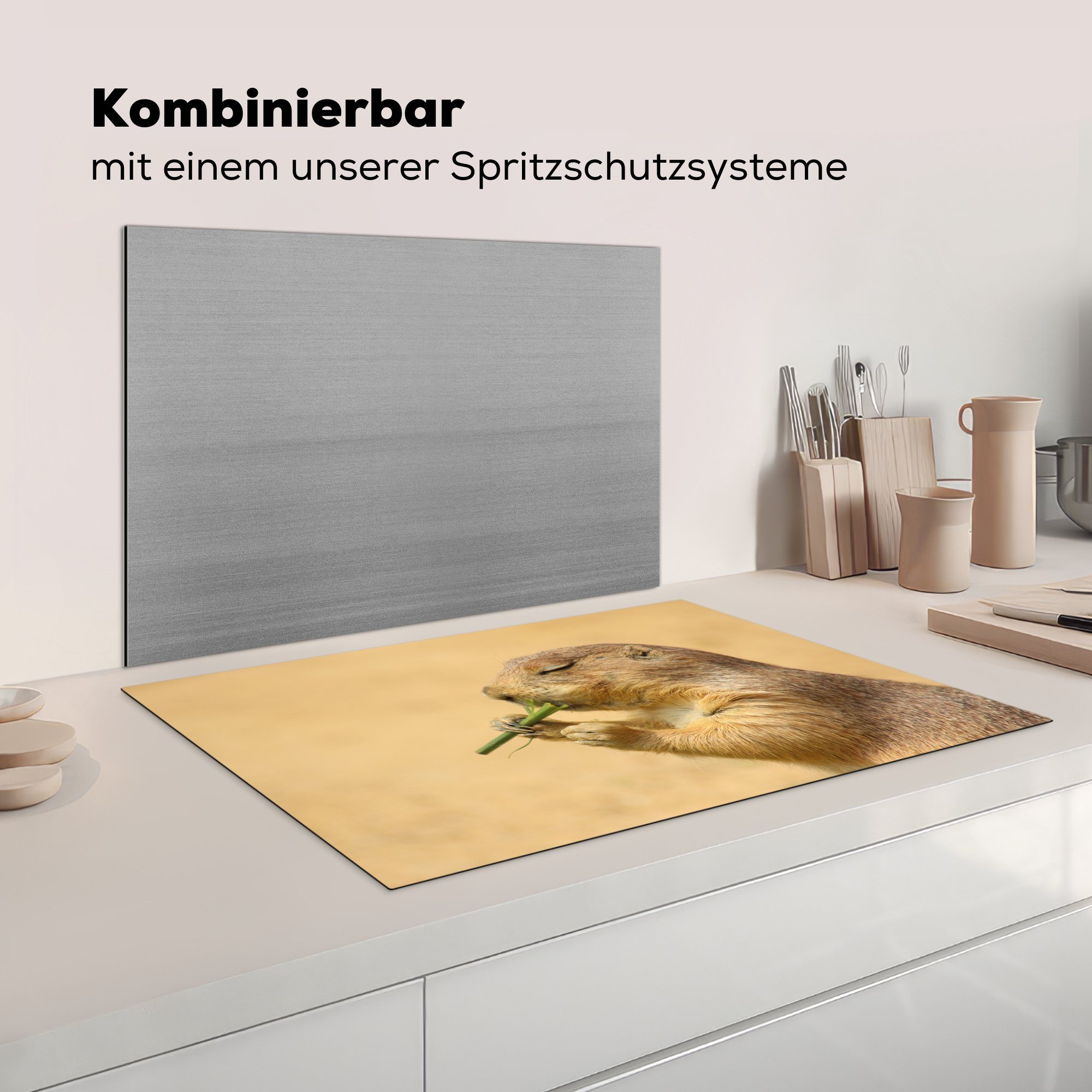 Schutz MuchoWow Ceranfeldabdeckung Ein Induktionskochfeld für Präriehund Vinyl, grünes 81x52 Gras, tlg), frisst küche, Stück cm, Herdblende-/Abdeckplatte die ein (1