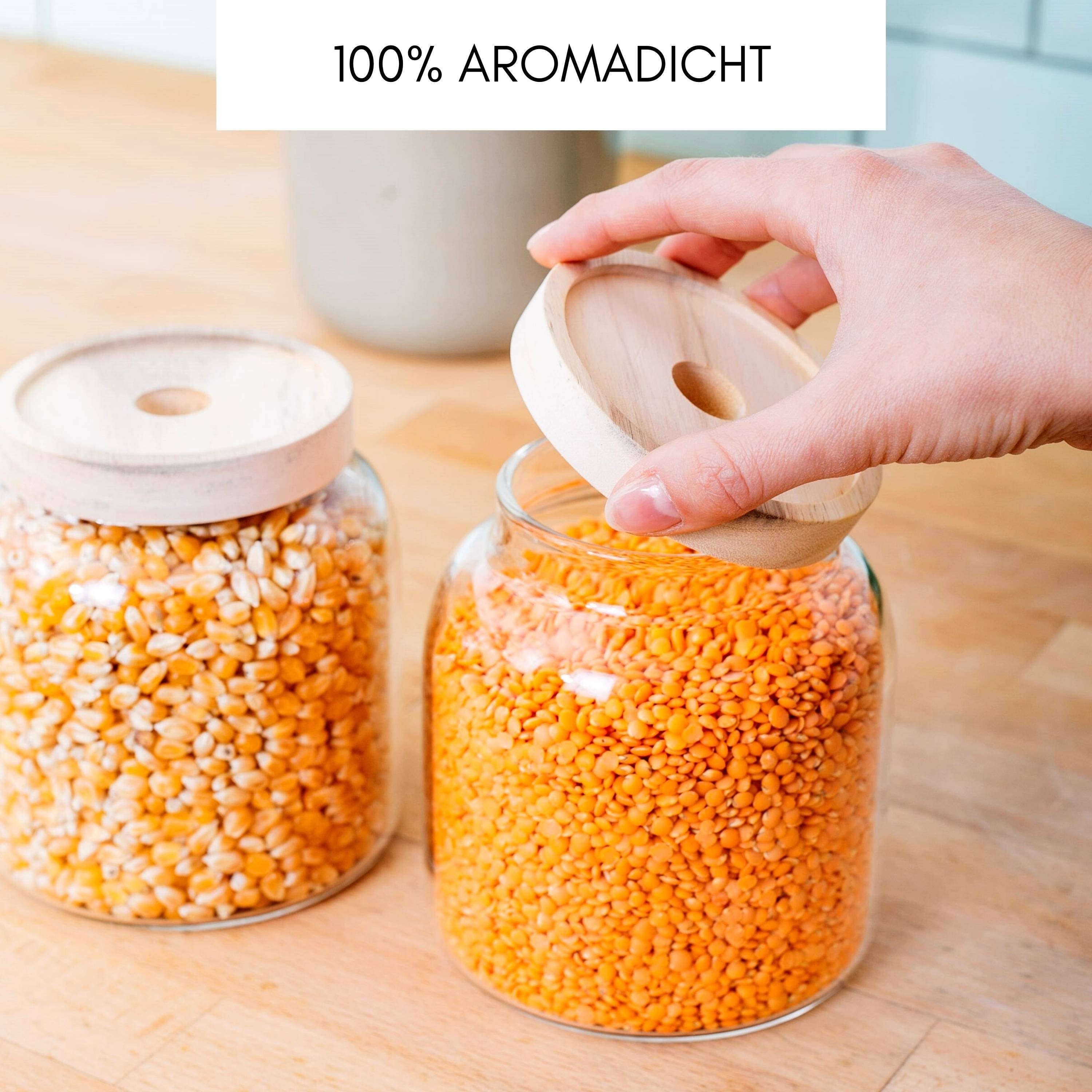 Econovo Vorratsdose Glas, (Set, 2-tlg., Luft- & Aromadicht), Vorratsgläser mit Holzdeckel für Lebensmittel große & klein