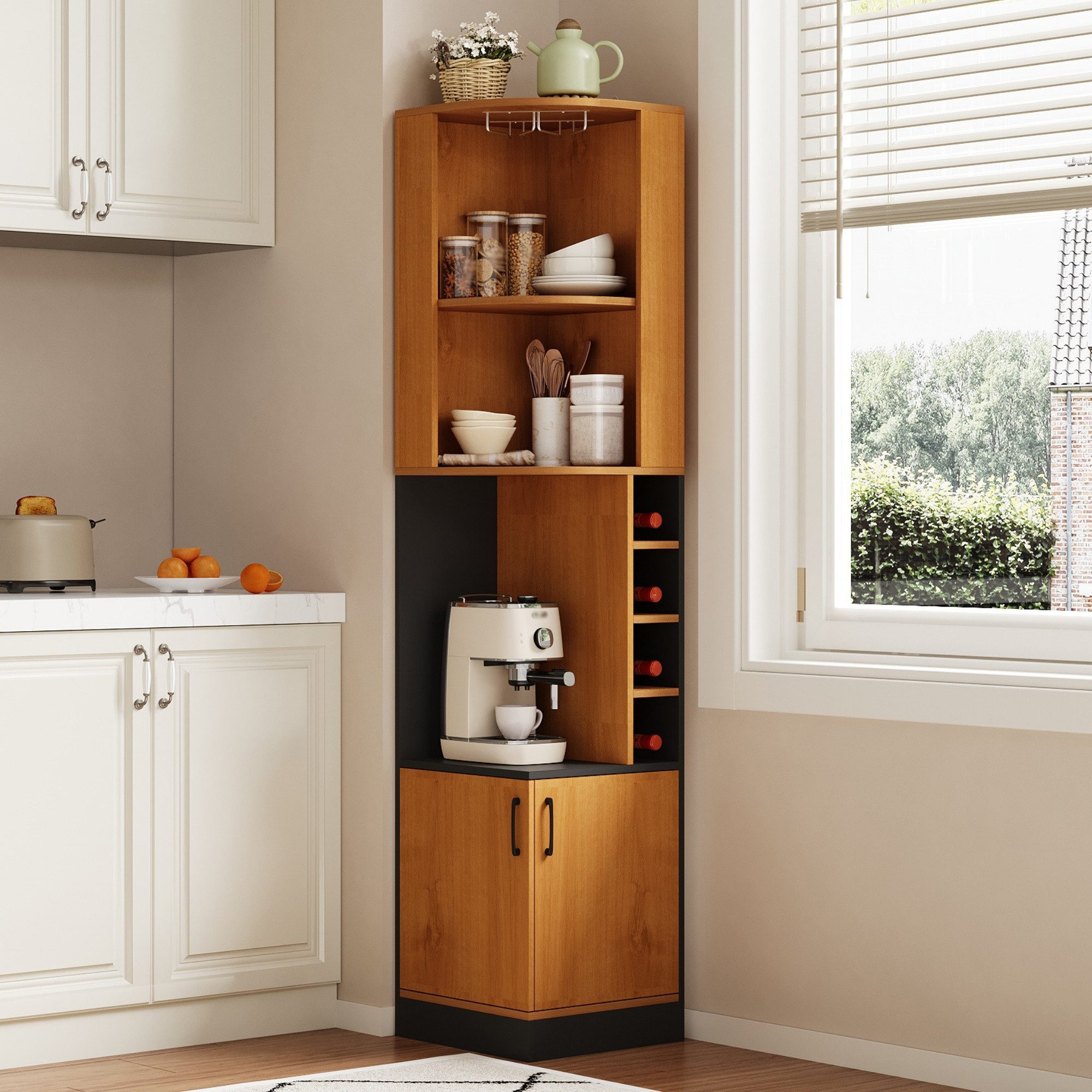 HAUSS SPOLE Eckvitrine mit Weinglasregal,freistehend Bartheke Hochschrank 40×40×182cm,Natur (Wohnzimmerschrank mit geschlossenem Unterschrank und offenen Regalfächern für Esszimmer, Küche und Wohnzimmer) Bücherregal Beistellschrank mit Edelstahl-Weinglashalter