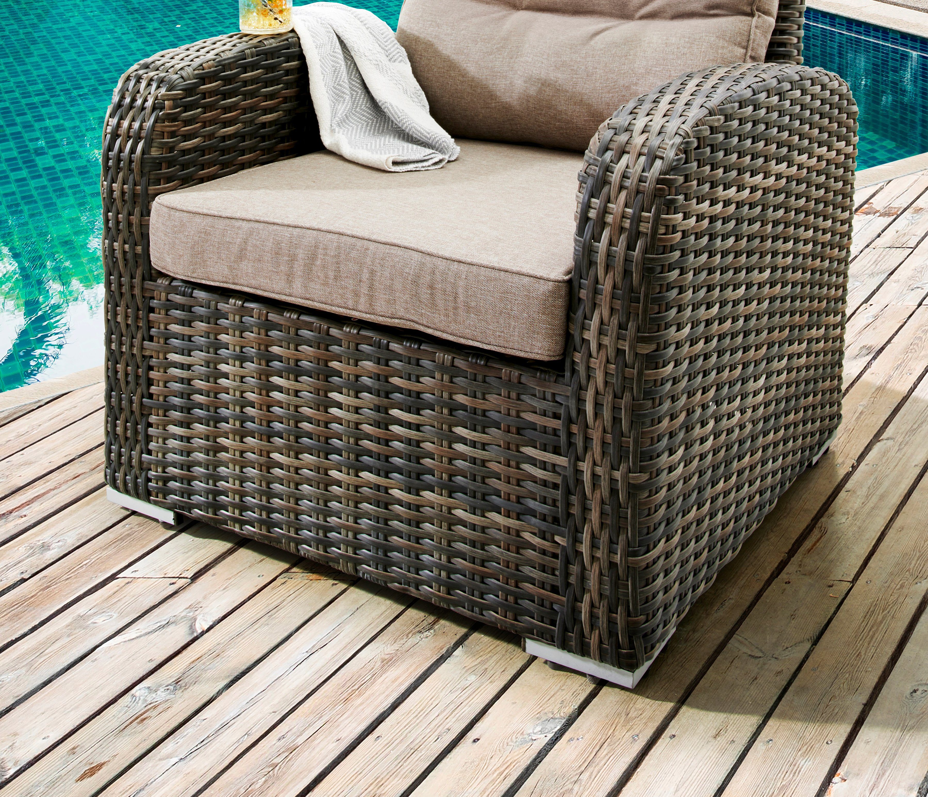 Gartensessel Meliert DE LUXE, Destiny Polyrattan, Auflagen SANTA Braun PONSA inkl.