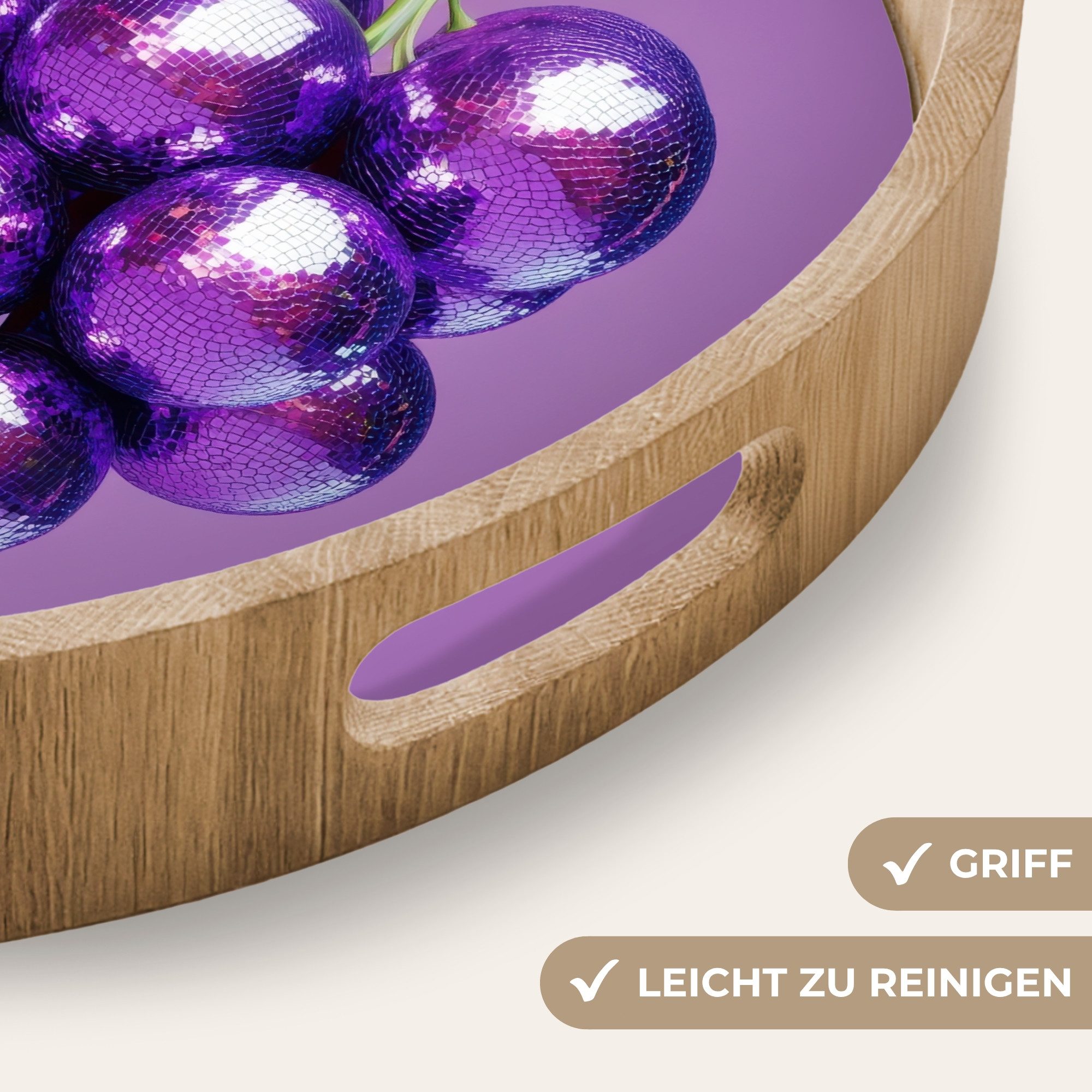 OnlyWow Tablett Rund mit Henkel Weintraube - Disco - Glitzer - Lila, Eichenholz, (1-tlg), Siervierplatte, Tray, Frühstücksbrett