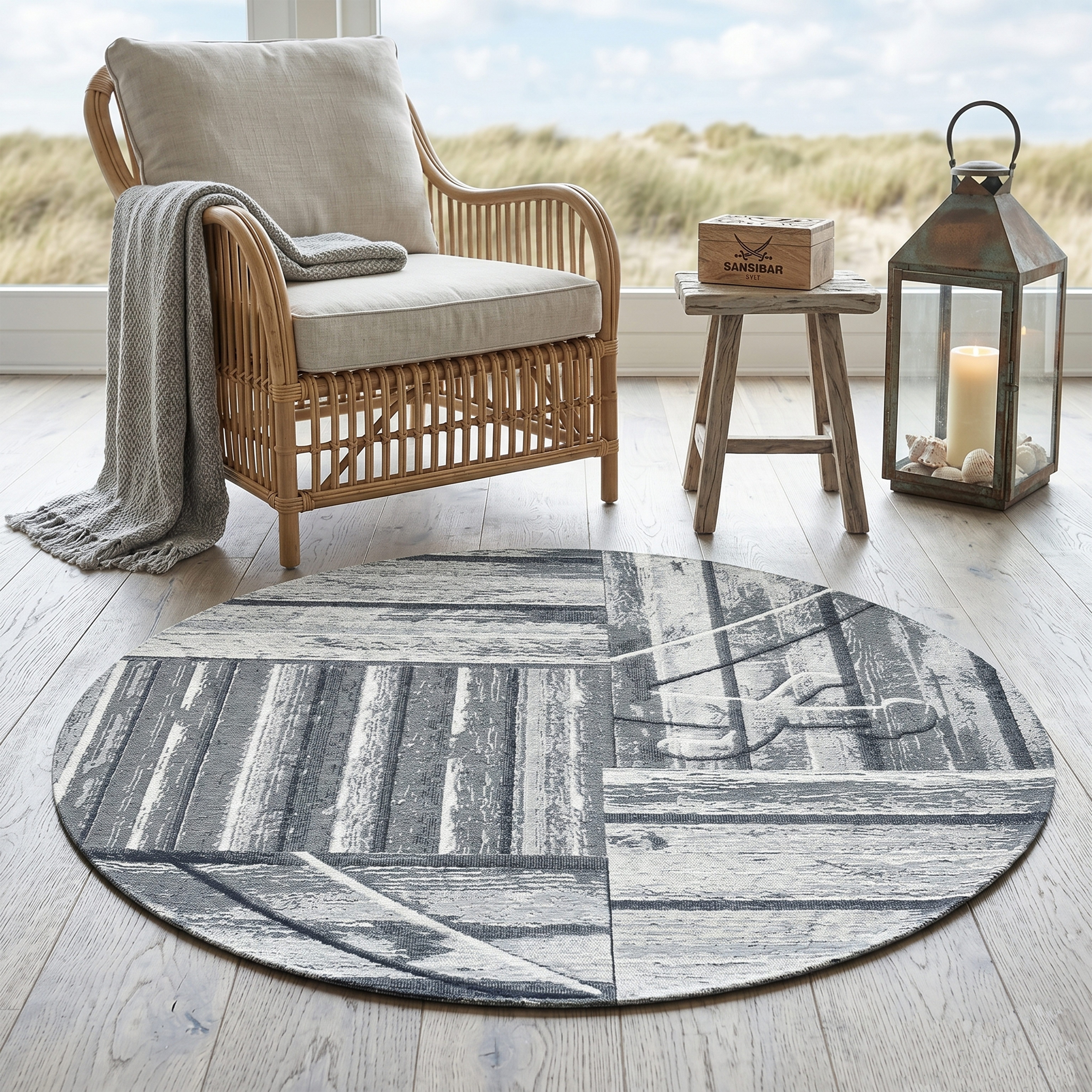 Sansibar Teppich Keitum 010, rund, Höhe: 3 mm, Flachgewebe, modernes Holz Design, Motiv, gekreuzte Säbel