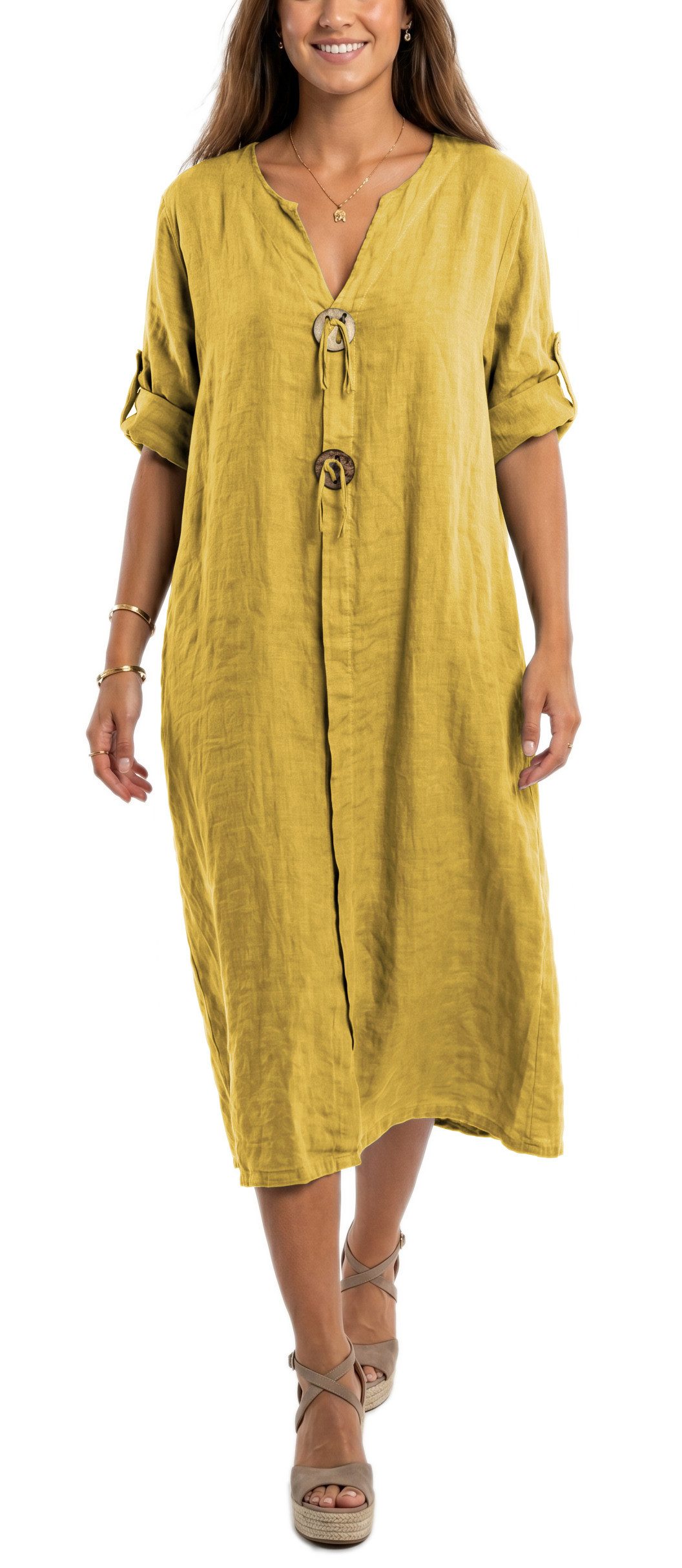 dy_mode Hemdblusenkleid Damen Leinenkleid Midi Hemdblusenkleid mit V-Ausschnitt Freizeitkleid in Unifarbe, V-Ausschnitt, mit seitlichen Eingriffstaschen