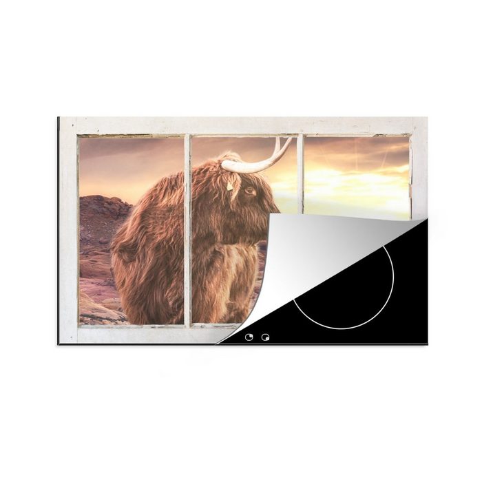 MuchoWow Herdblende-/Abdeckplatte Schottischer Highlander - Aussicht - Sonnenuntergang Vinyl (1 tlg) induktionskochfeld Schutz für die küche Ceranfeldabdeckung